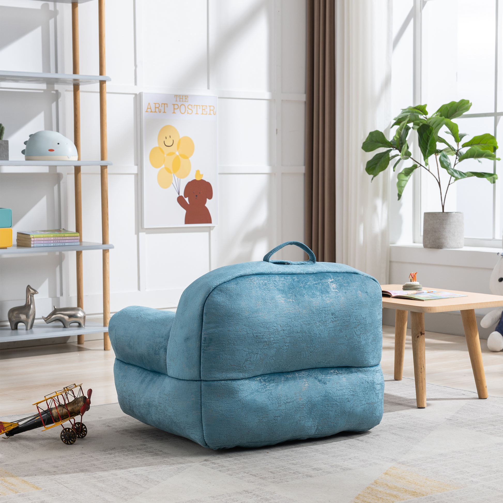 Indoor Use Memory Foam Stuffed Velvet Bean Bag Chair for Children- Blue_5