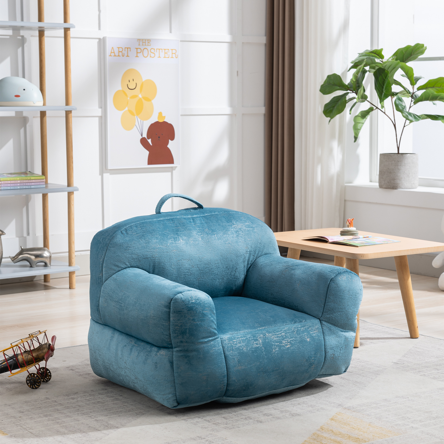 Indoor Use Memory Foam Stuffed Velvet Bean Bag Chair for Children- Blue_6