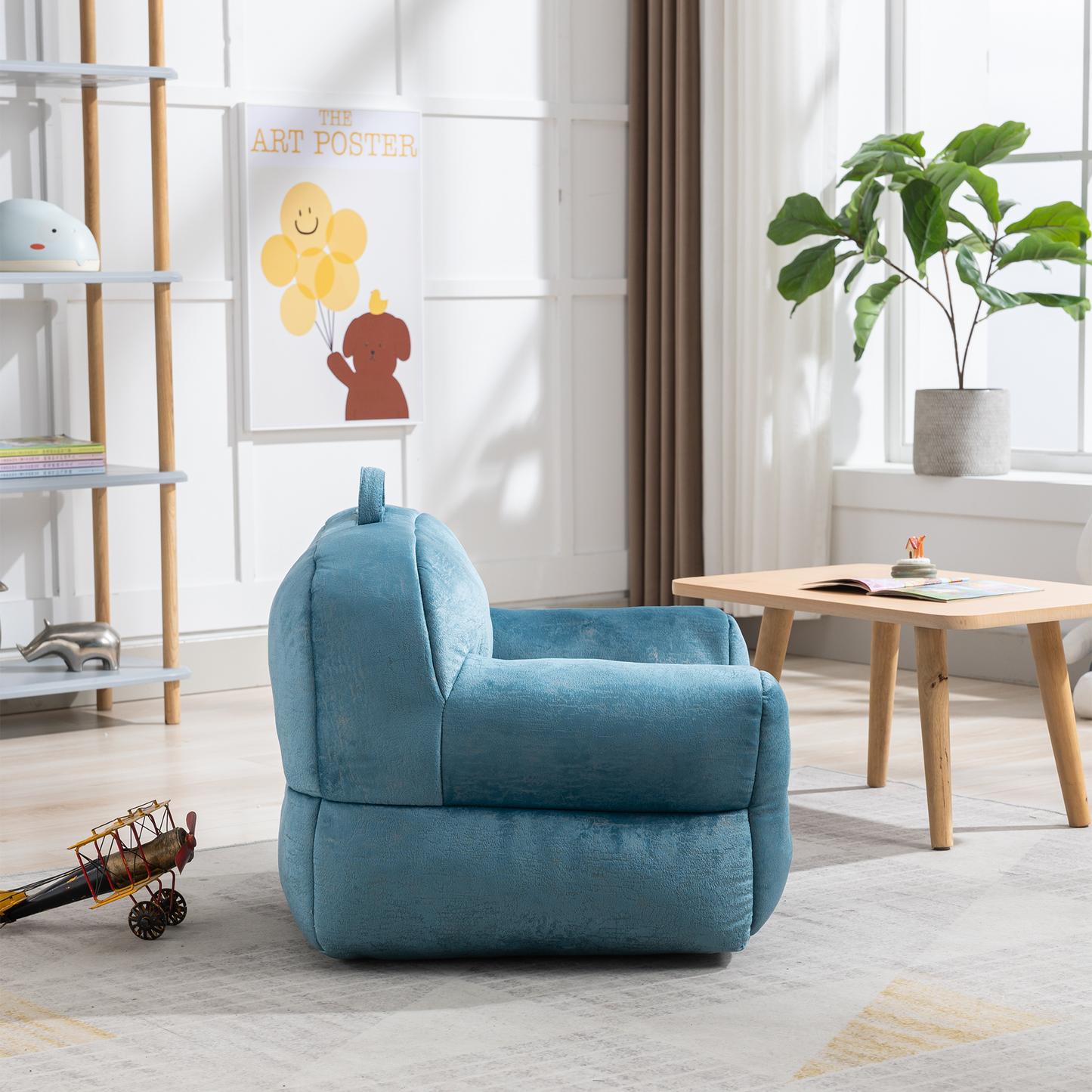 Indoor Use Memory Foam Stuffed Velvet Bean Bag Chair for Children- Blue_7