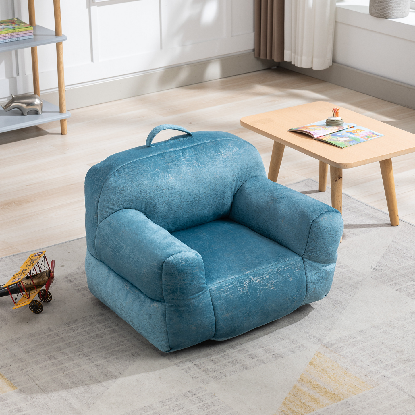 Indoor Use Memory Foam Stuffed Velvet Bean Bag Chair for Children- Blue_9
