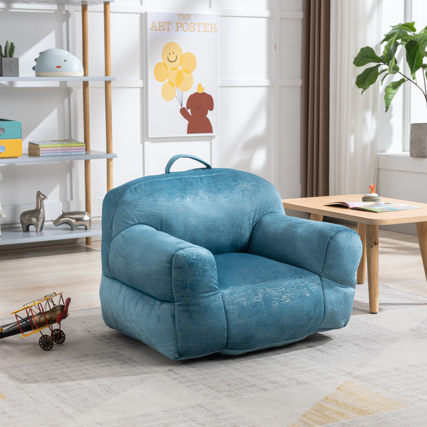 Indoor Use Memory Foam Stuffed Velvet Bean Bag Chair for Children- Blue_10