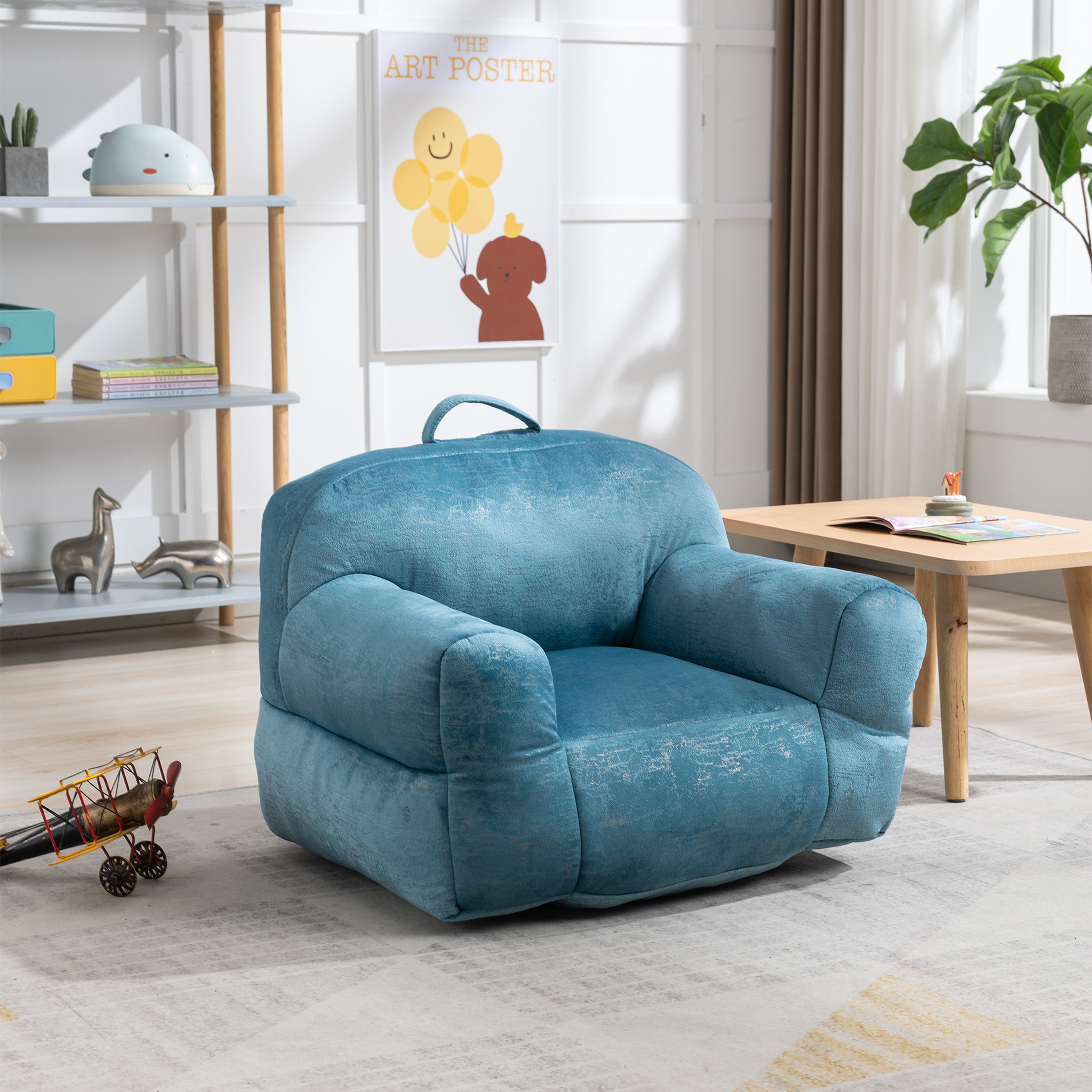 Indoor Use Memory Foam Stuffed Velvet Bean Bag Chair for Children- Blue_10