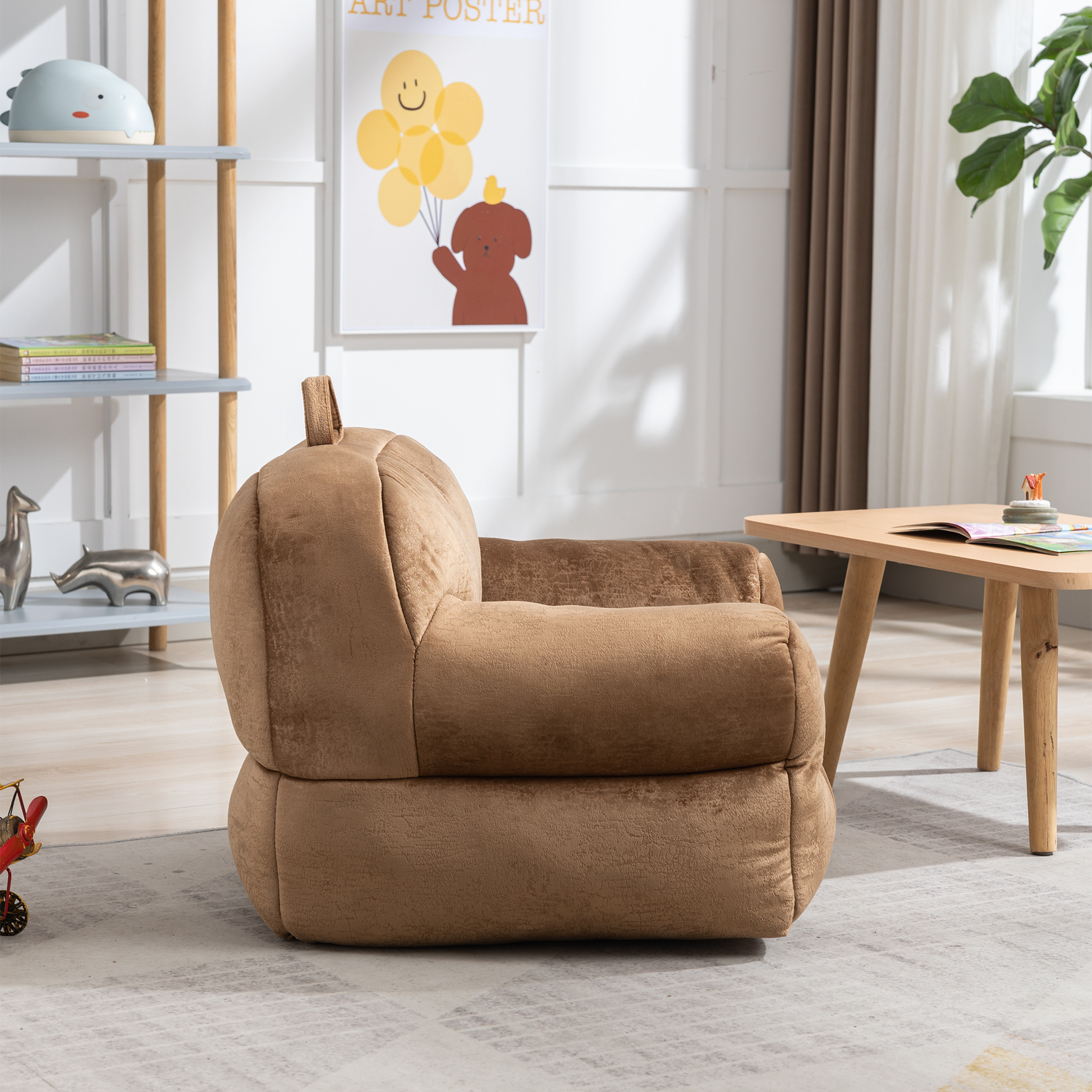 Indoor Use Memory Foam Stuffed Velvet Bean Bag Chair for Children- Brown_4