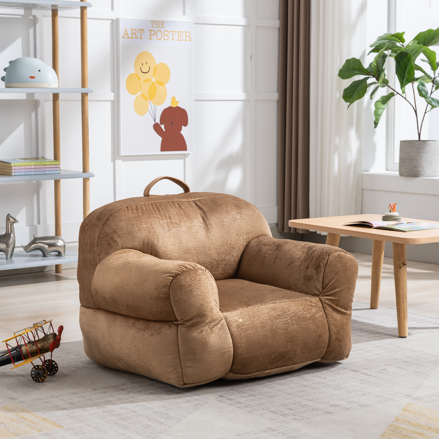 Indoor Use Memory Foam Stuffed Velvet Bean Bag Chair for Children- Brown_7