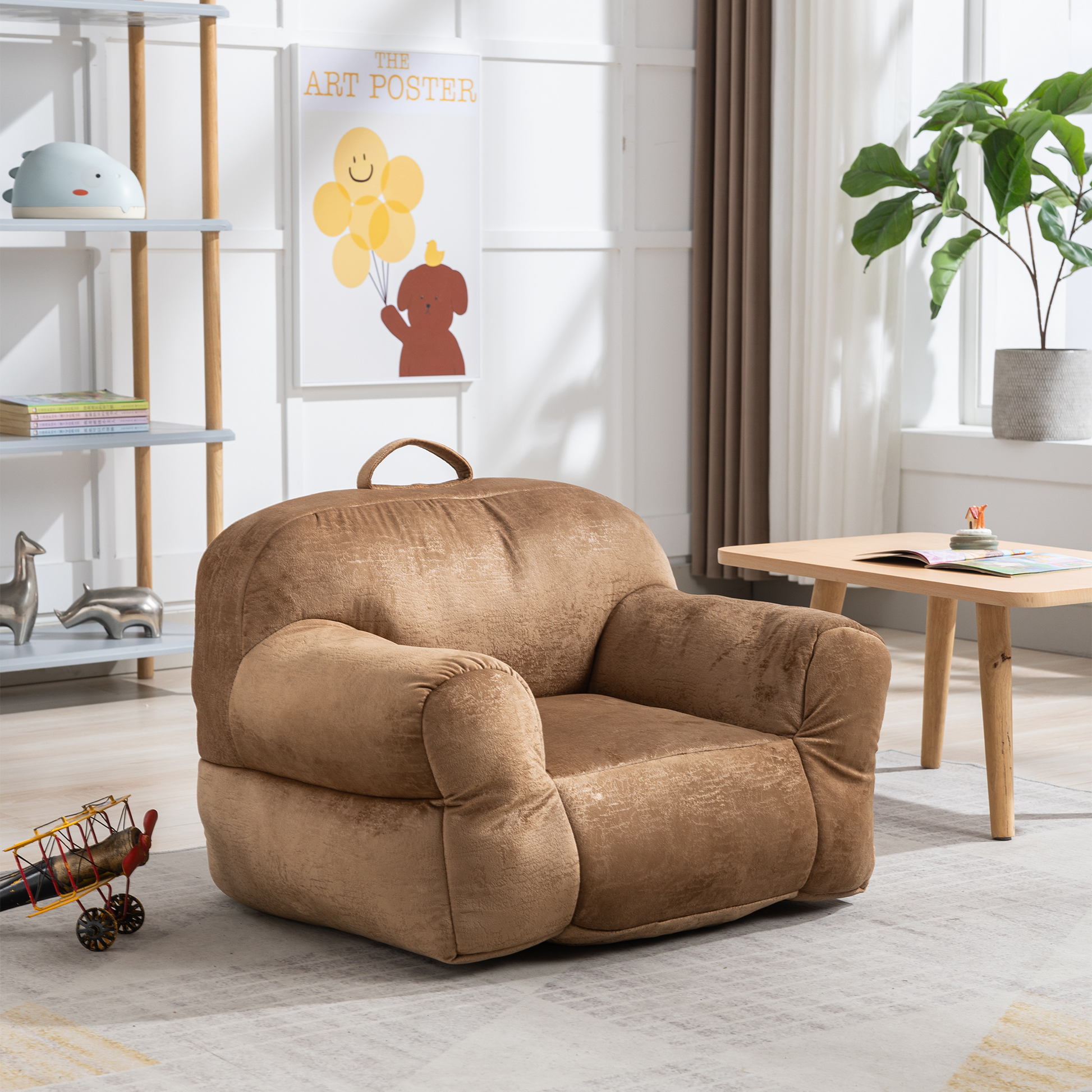 Indoor Use Memory Foam Stuffed Velvet Bean Bag Chair for Children- Brown_7