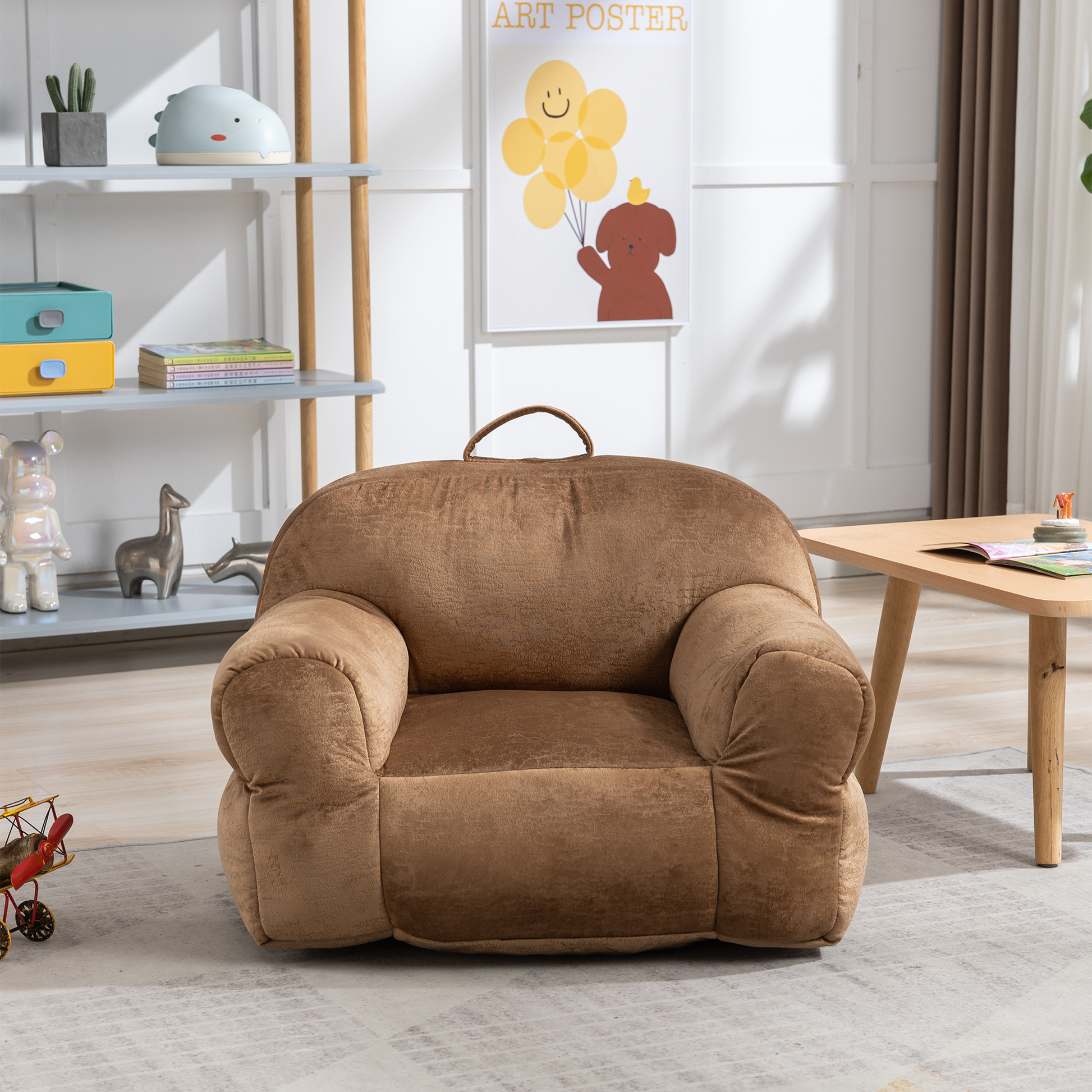 Indoor Use Memory Foam Stuffed Velvet Bean Bag Chair for Children- Brown_1