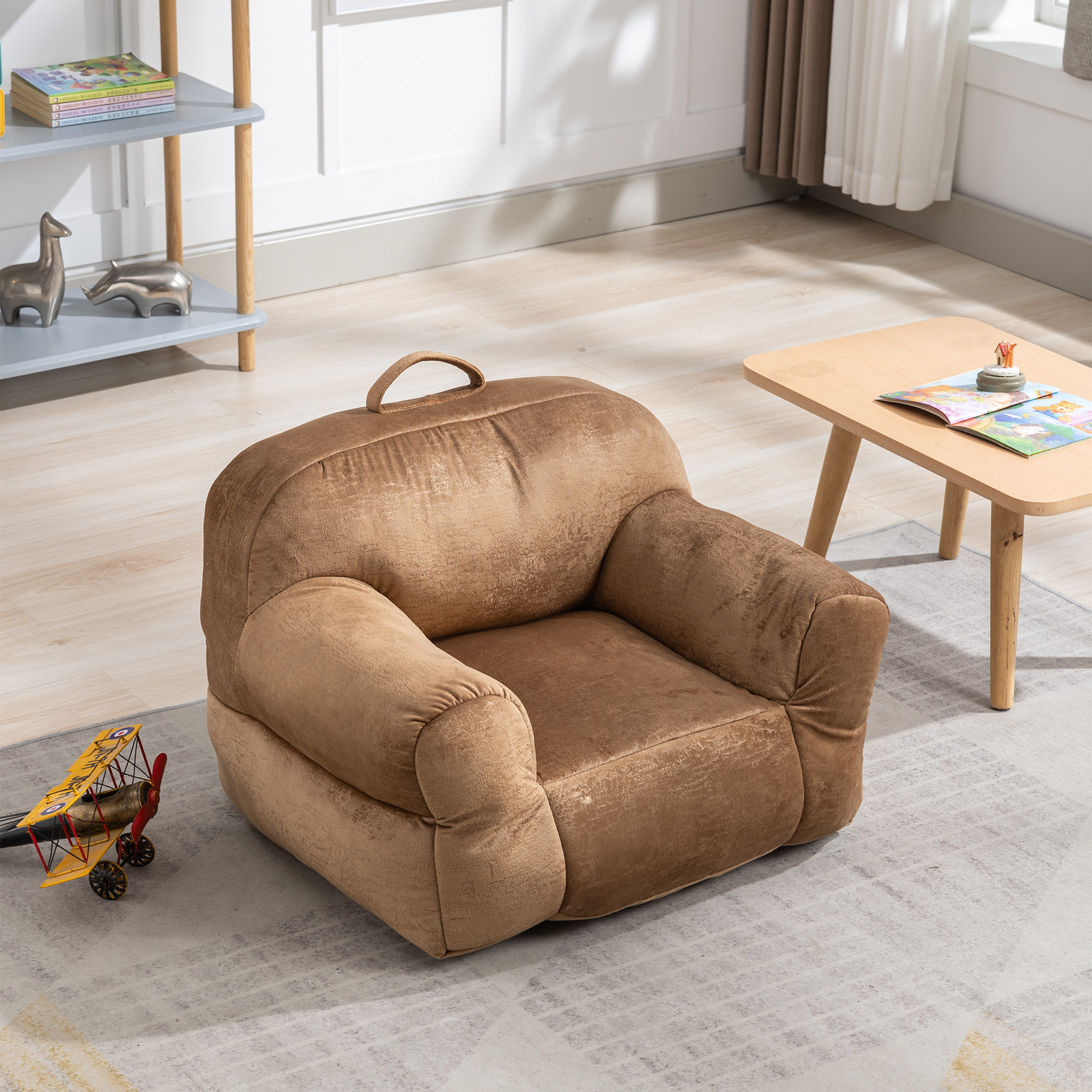 Indoor Use Memory Foam Stuffed Velvet Bean Bag Chair for Children- Brown_14
