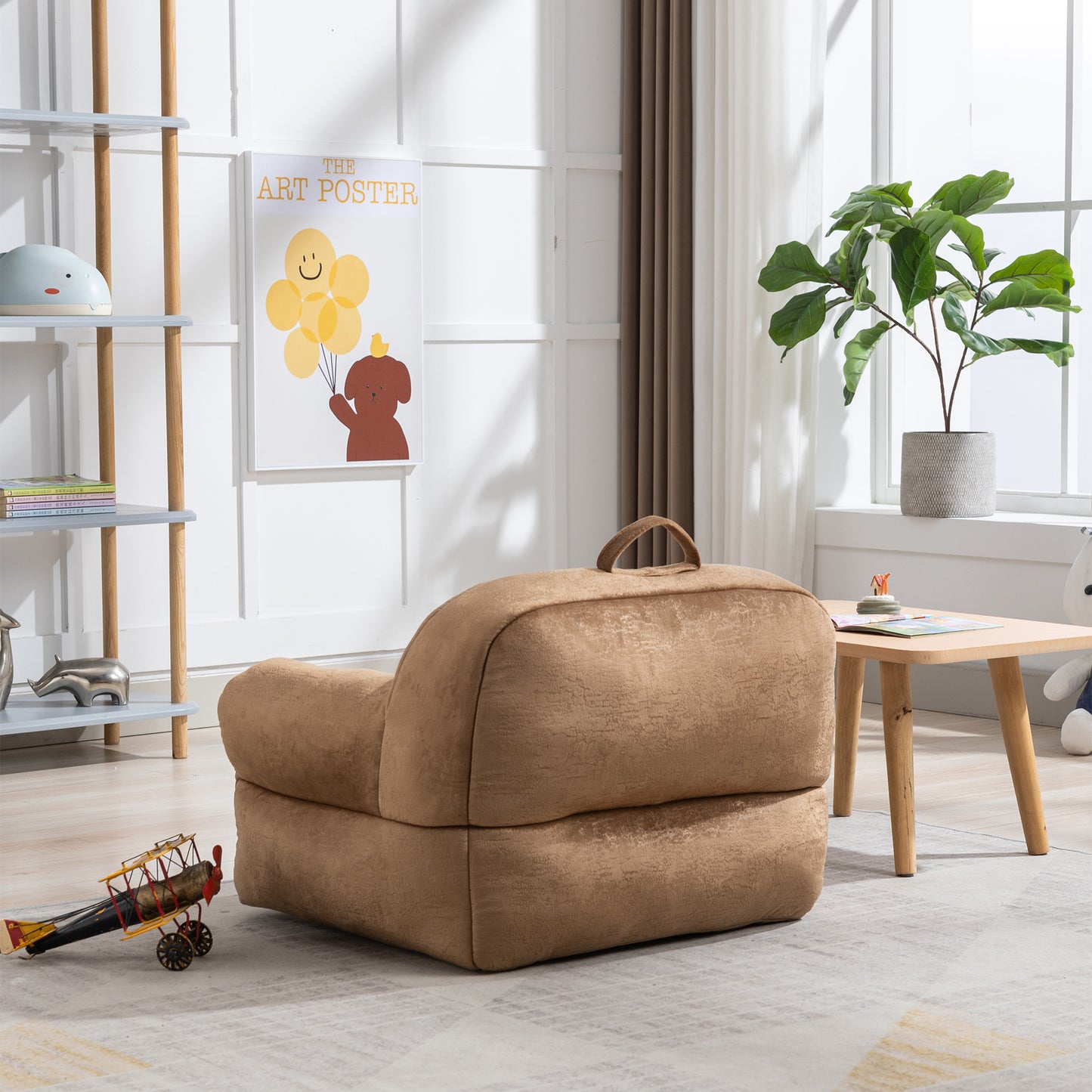 Indoor Use Memory Foam Stuffed Velvet Bean Bag Chair for Children- Brown_15