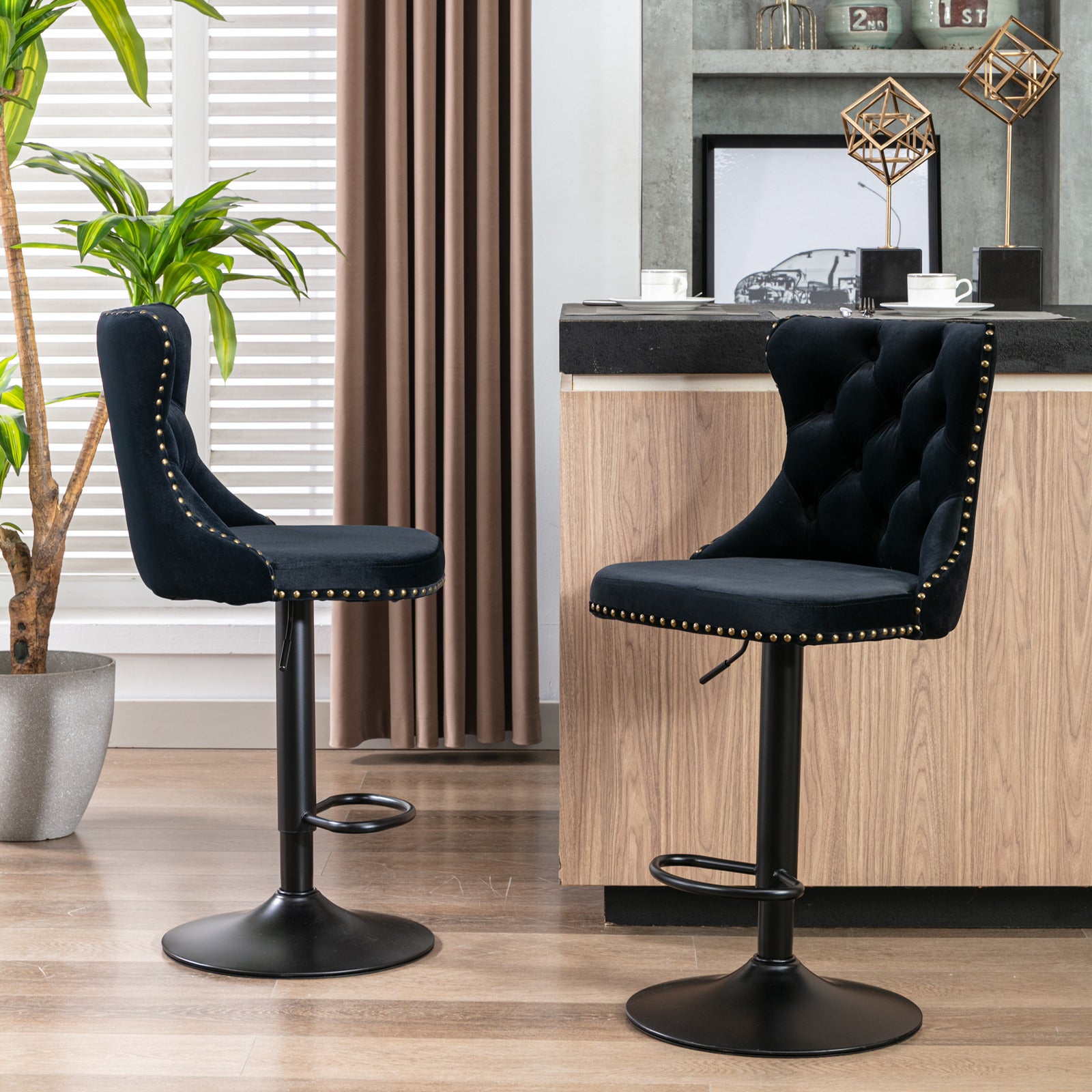 Set of 2 Modern Upholstered Tufted Velvet Armless Bar Stools with Back Rest- Black_1