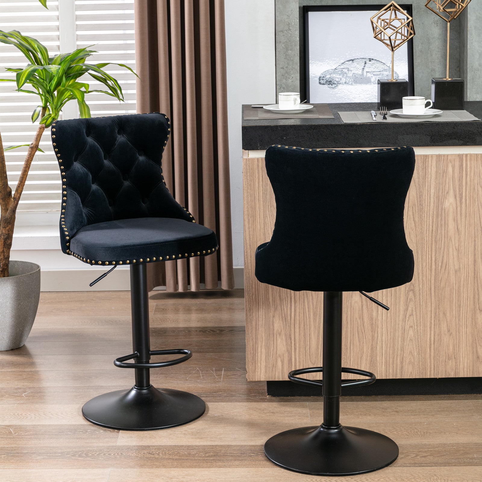 Set of 2 Modern Upholstered Tufted Velvet Armless Bar Stools with Back Rest- Black_4
