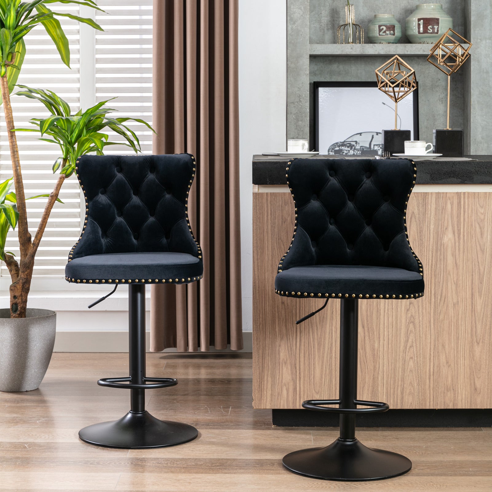 Set of 2 Modern Upholstered Tufted Velvet Armless Bar Stools with Back Rest- Black_3