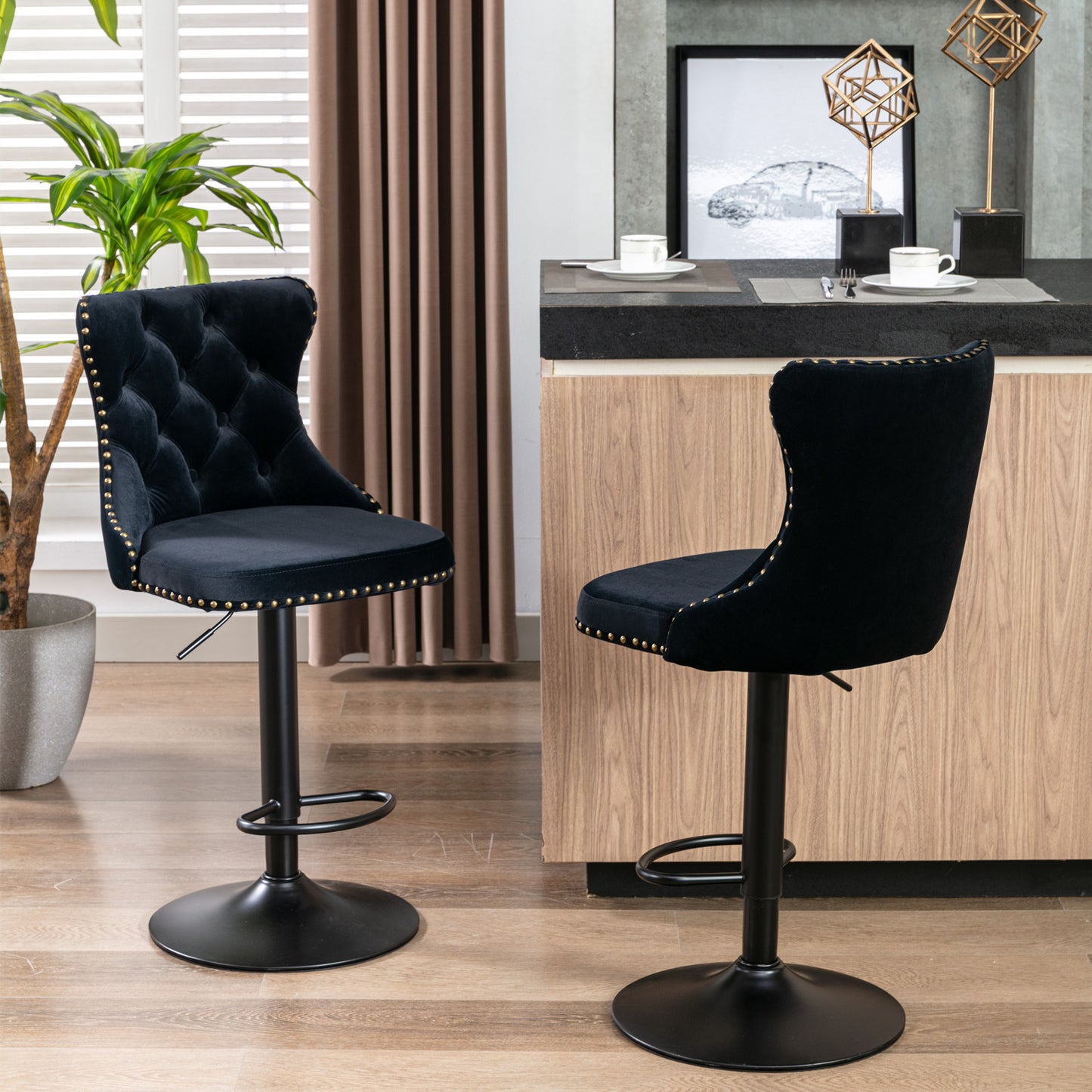 Set of 2 Modern Upholstered Tufted Velvet Armless Bar Stools with Back Rest- Black_2