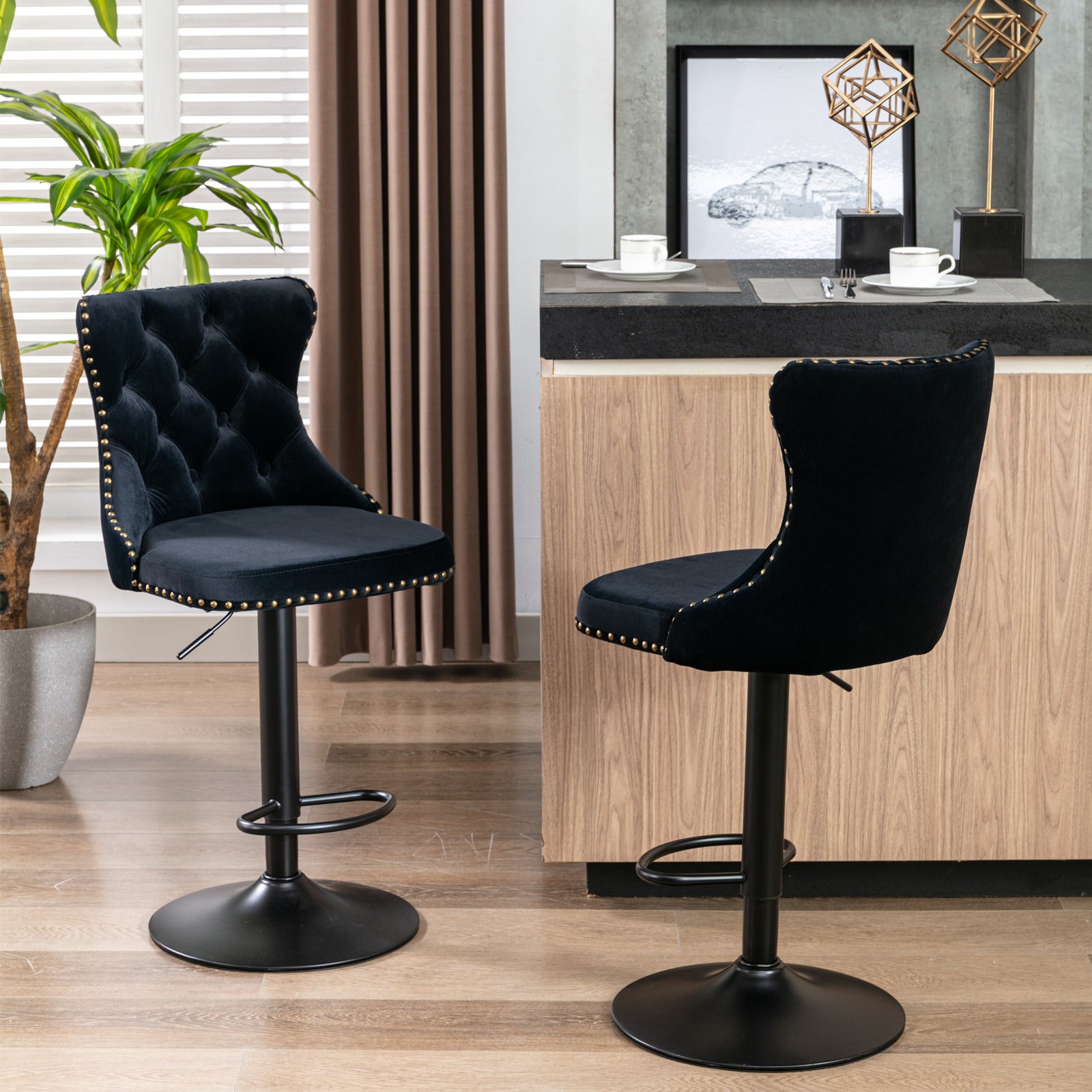 Set of 2 Modern Upholstered Tufted Velvet Armless Bar Stools with Back Rest- Black_2