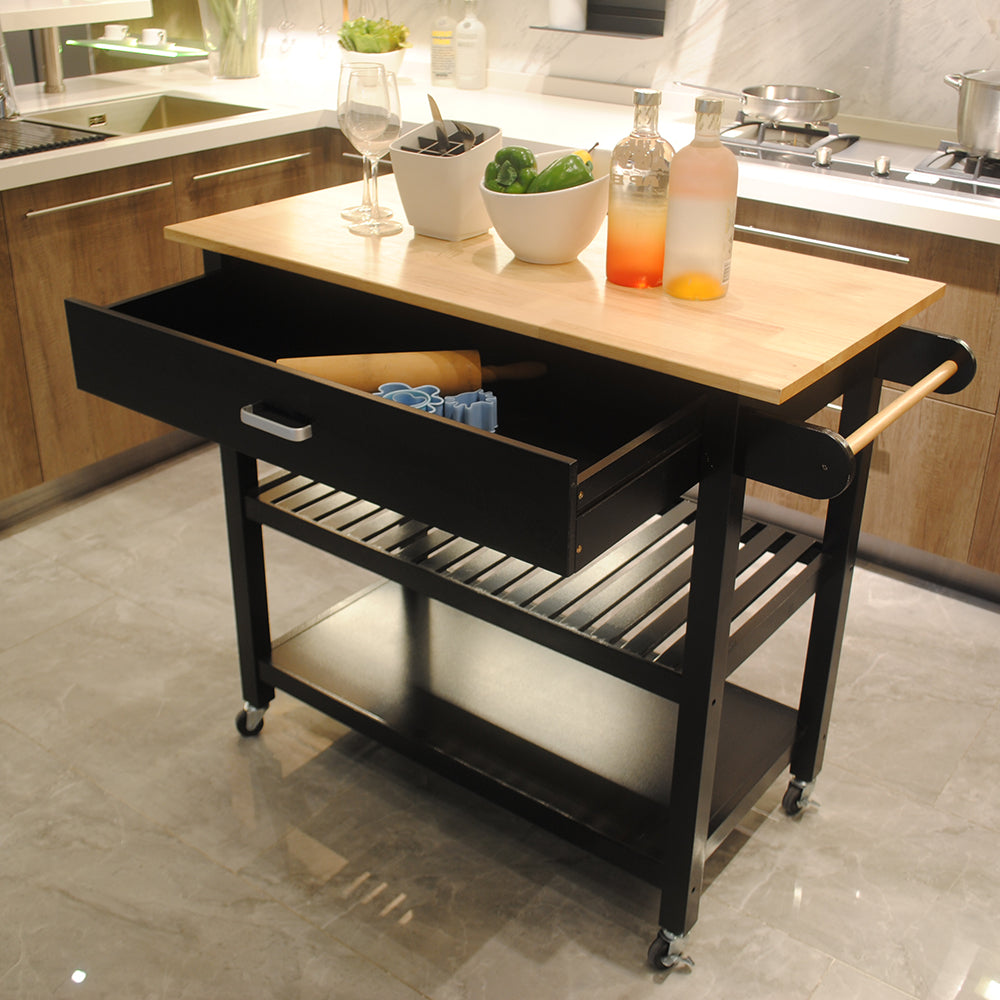 Rubber Wood Top Simple Design Mobile Kitchen Island with Two Lockable Wheels- Black_13