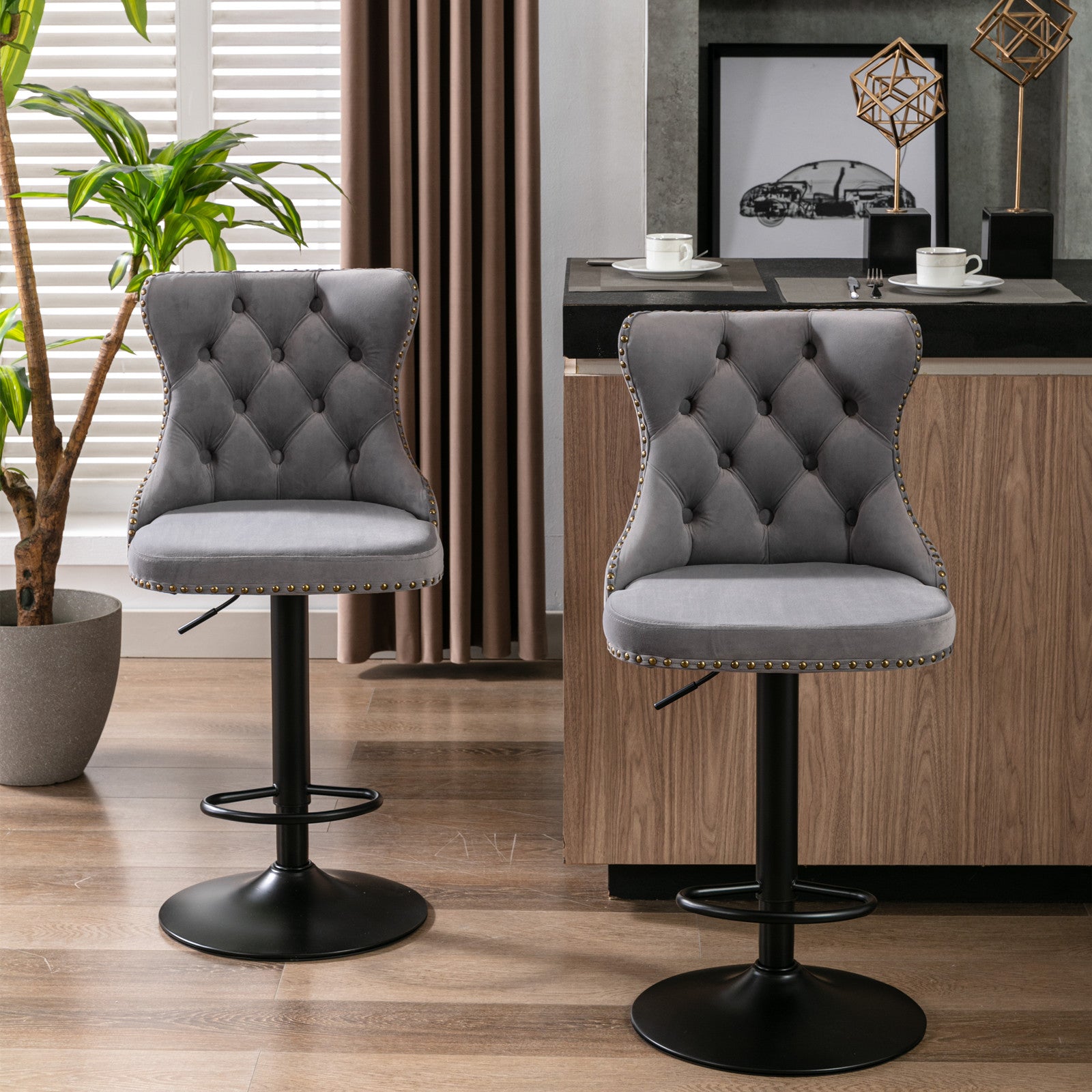 Set of 2 Modern Upholstered Tufted Velvet Armless Bar Stools with Back Rest- Grey_4