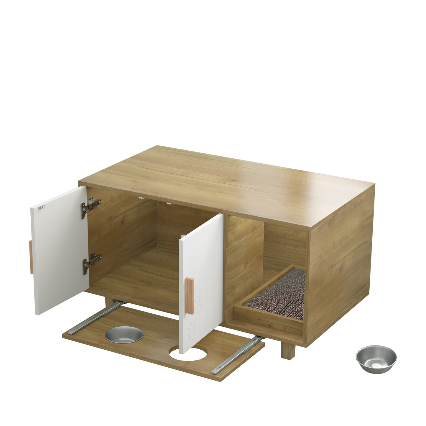 Cat Litter Box Rectangular Enclosure with Food Bowls and Scratch Pad- Brown_10