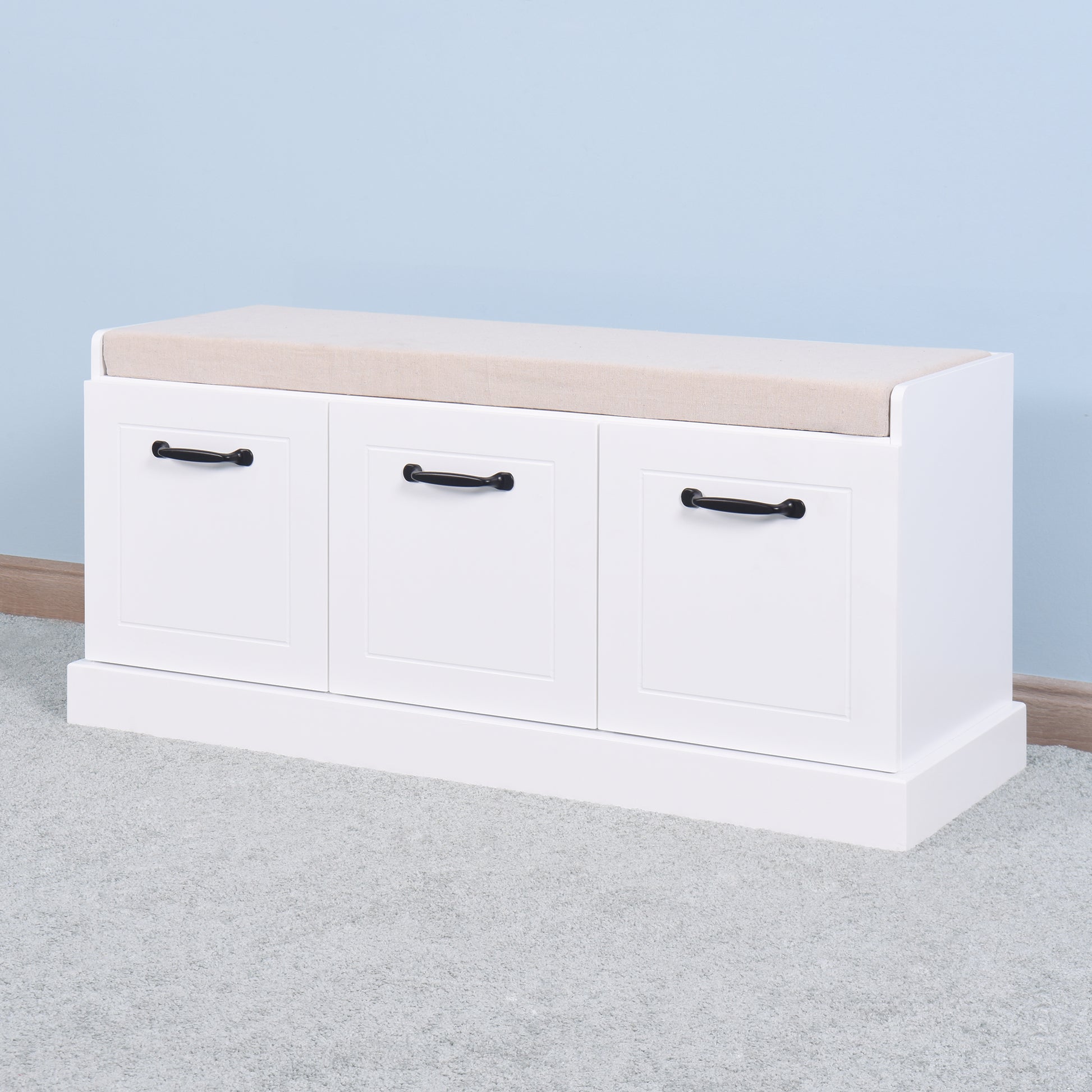Wooden Entryway Shoe Cabinet Living Room Storage Bench with White Cushion_6
