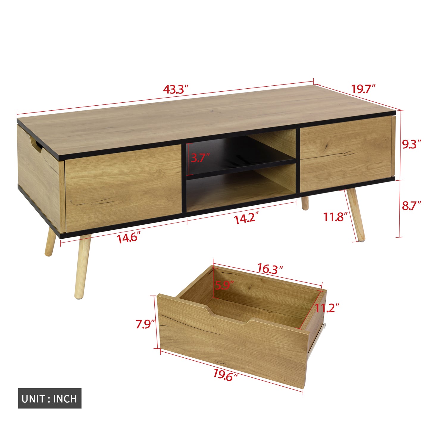 Coffee Table with Solid Wood Legs Support and Big Storage Space- Black+Brown_5