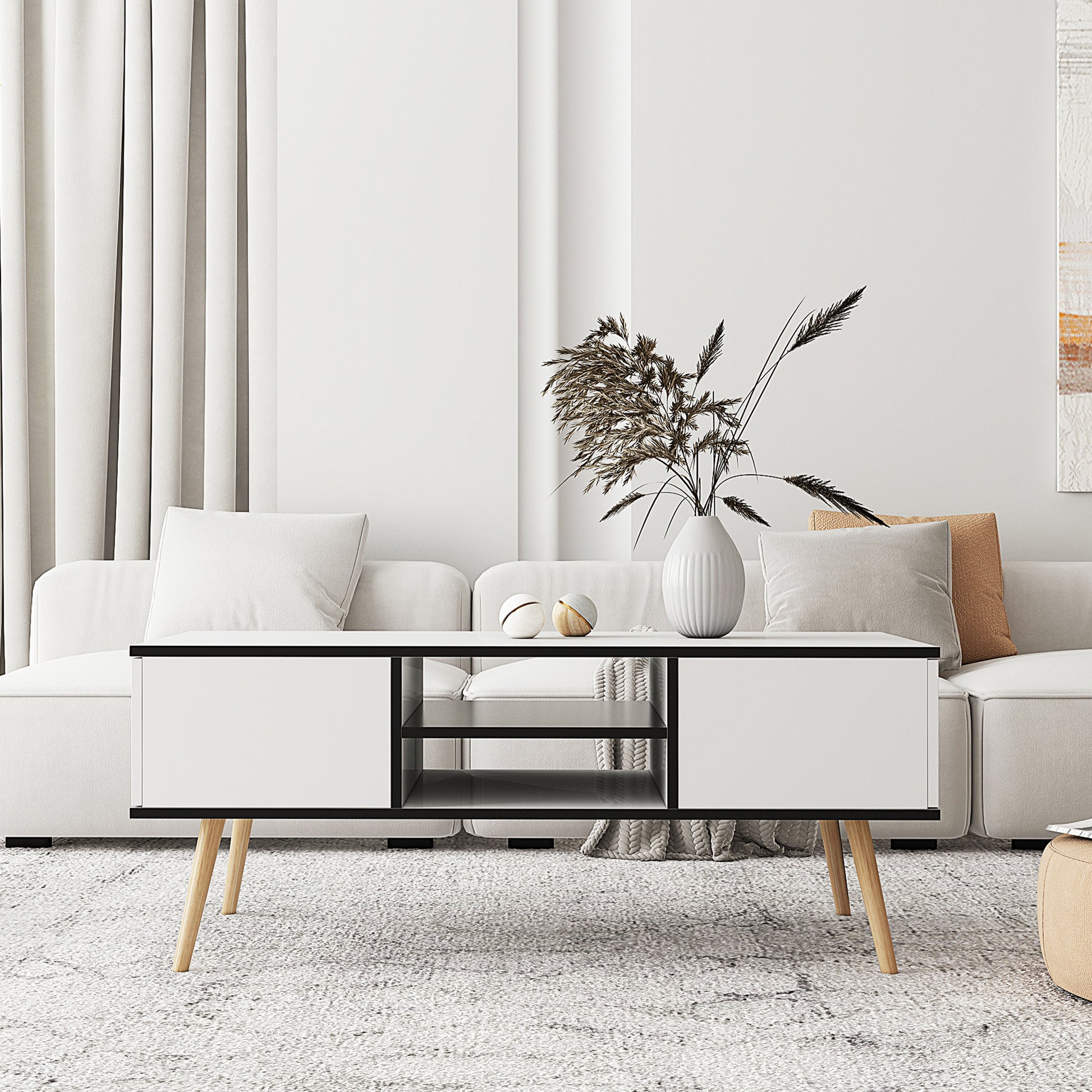 Coffee Table with Solid Wood Legs Support and Big Storage Space- White_1