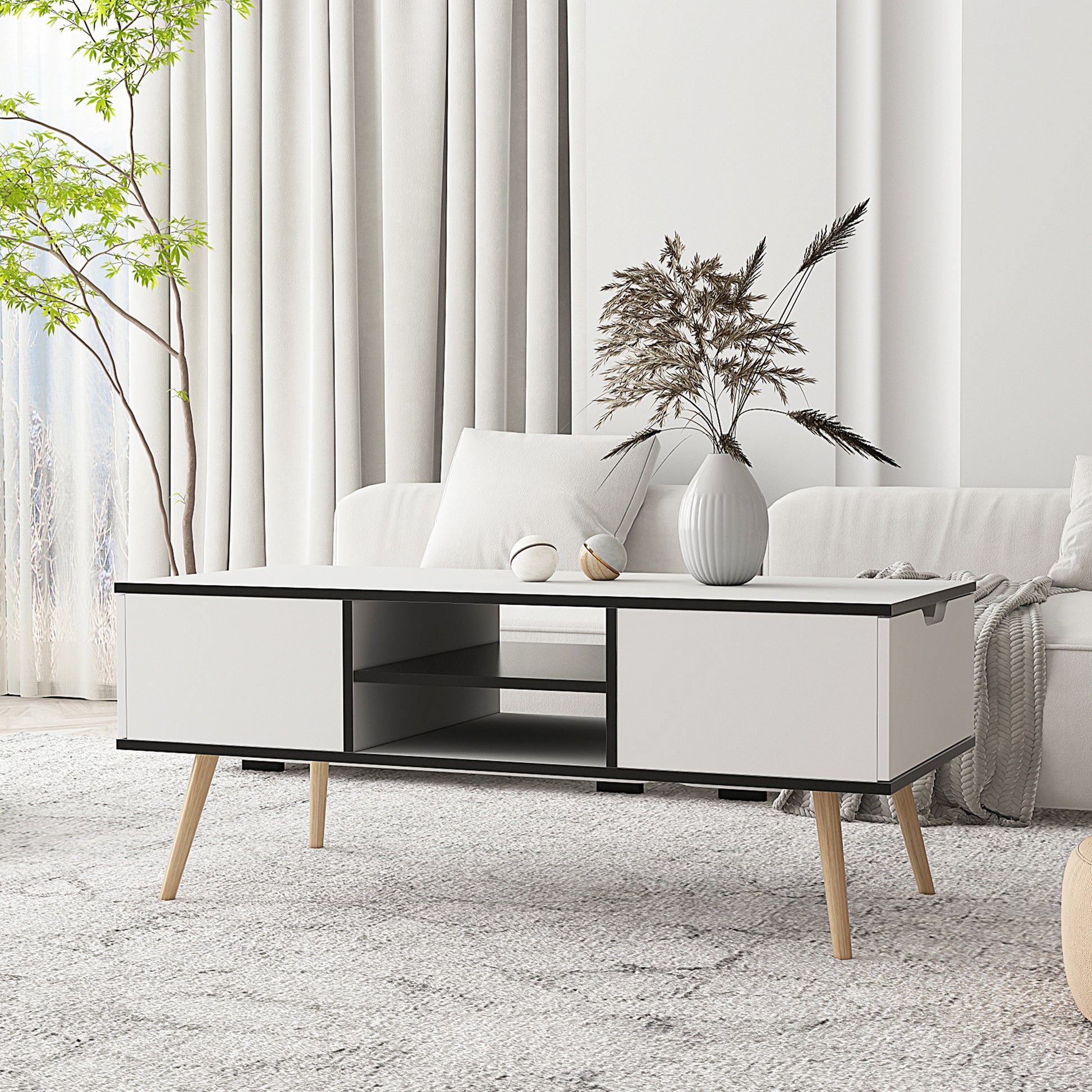 Coffee Table with Solid Wood Legs Support and Big Storage Space- White_2