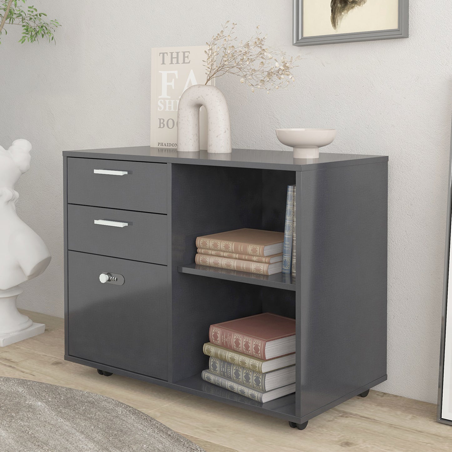 Small Rolling Portable Wooden Drawer File Cabinet with Safety Lock- Dark Gray_5