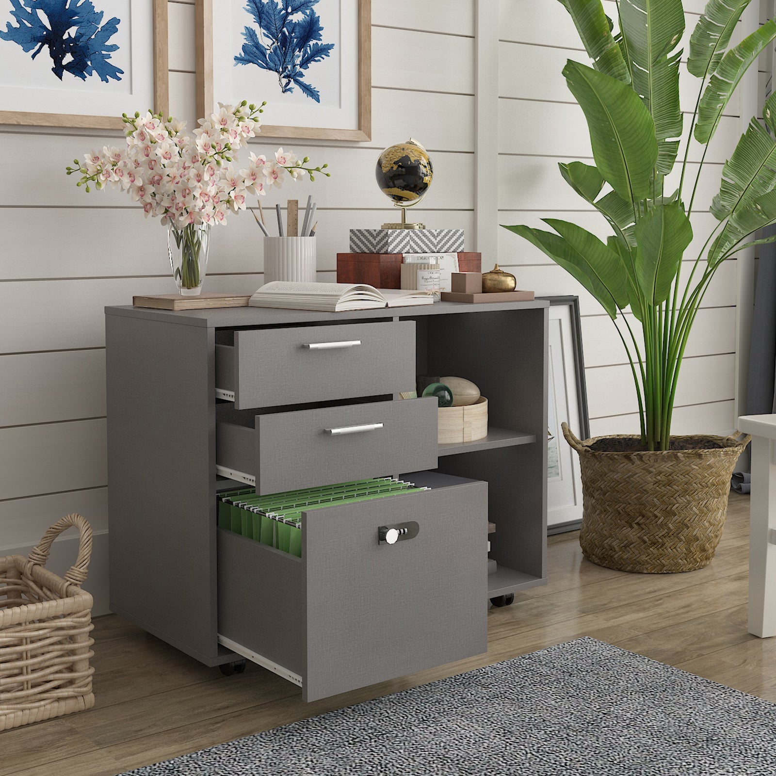 Small Rolling Portable Wooden Drawer File Cabinet with Safety Lock- Dark Gray_4