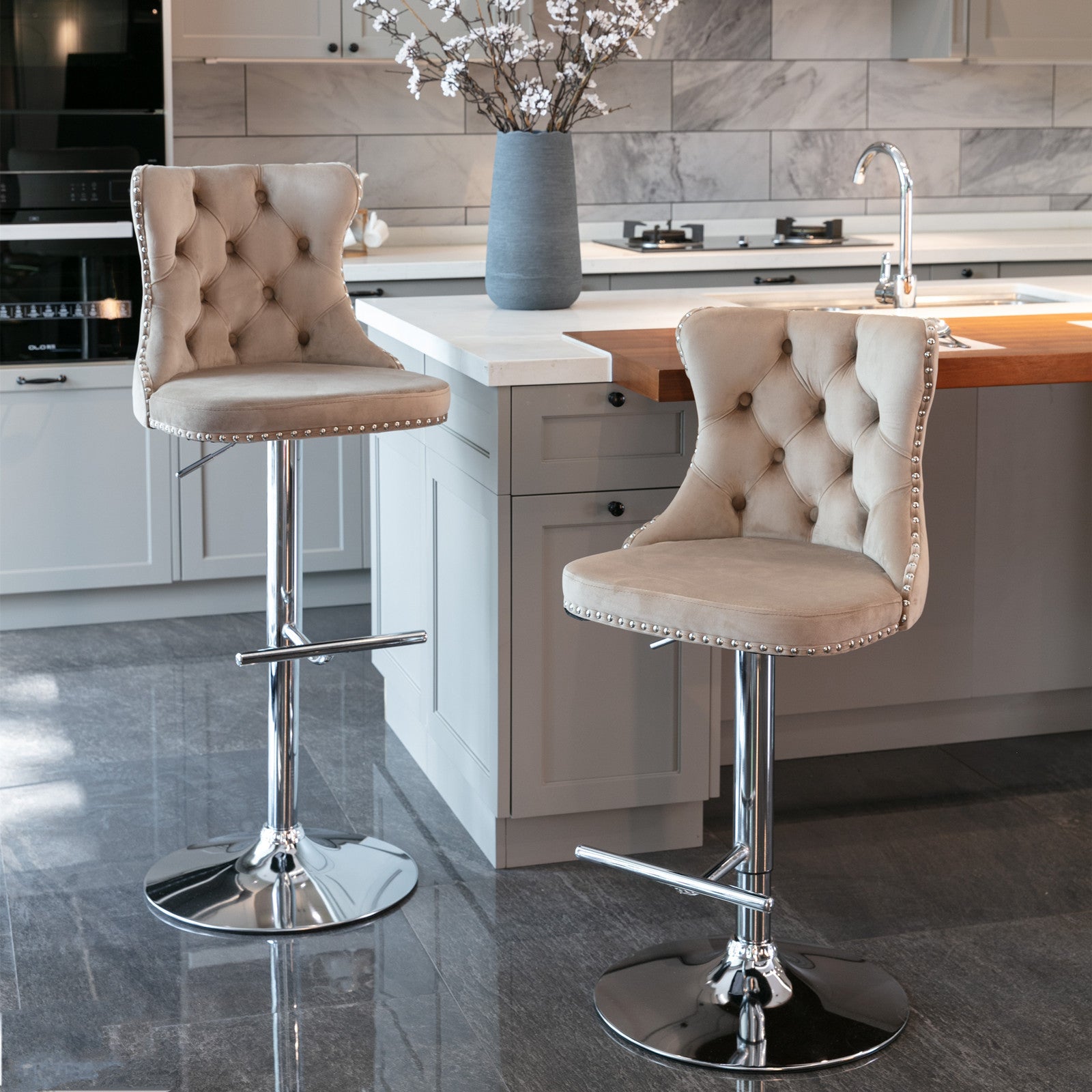 Set of 2 Modern Upholstered Tufted Velvet Armless Bar Stools with Chrome Details- Khaki_5