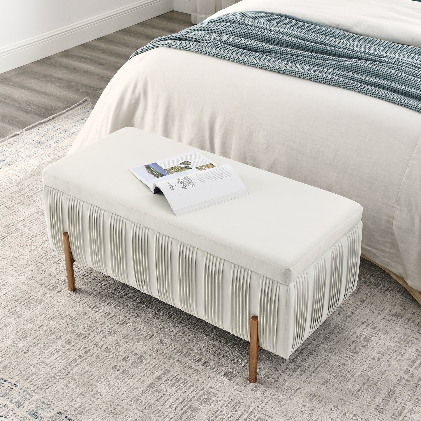Elegant Upholstered Velvet Storage Bench with Cylindrical Arms and Iron Legs- Beige_5