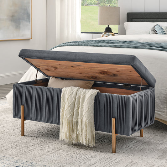 Elegant Upholstered Velvet Storage Bench with Cylindrical Arms and Iron Legs- Grey_0