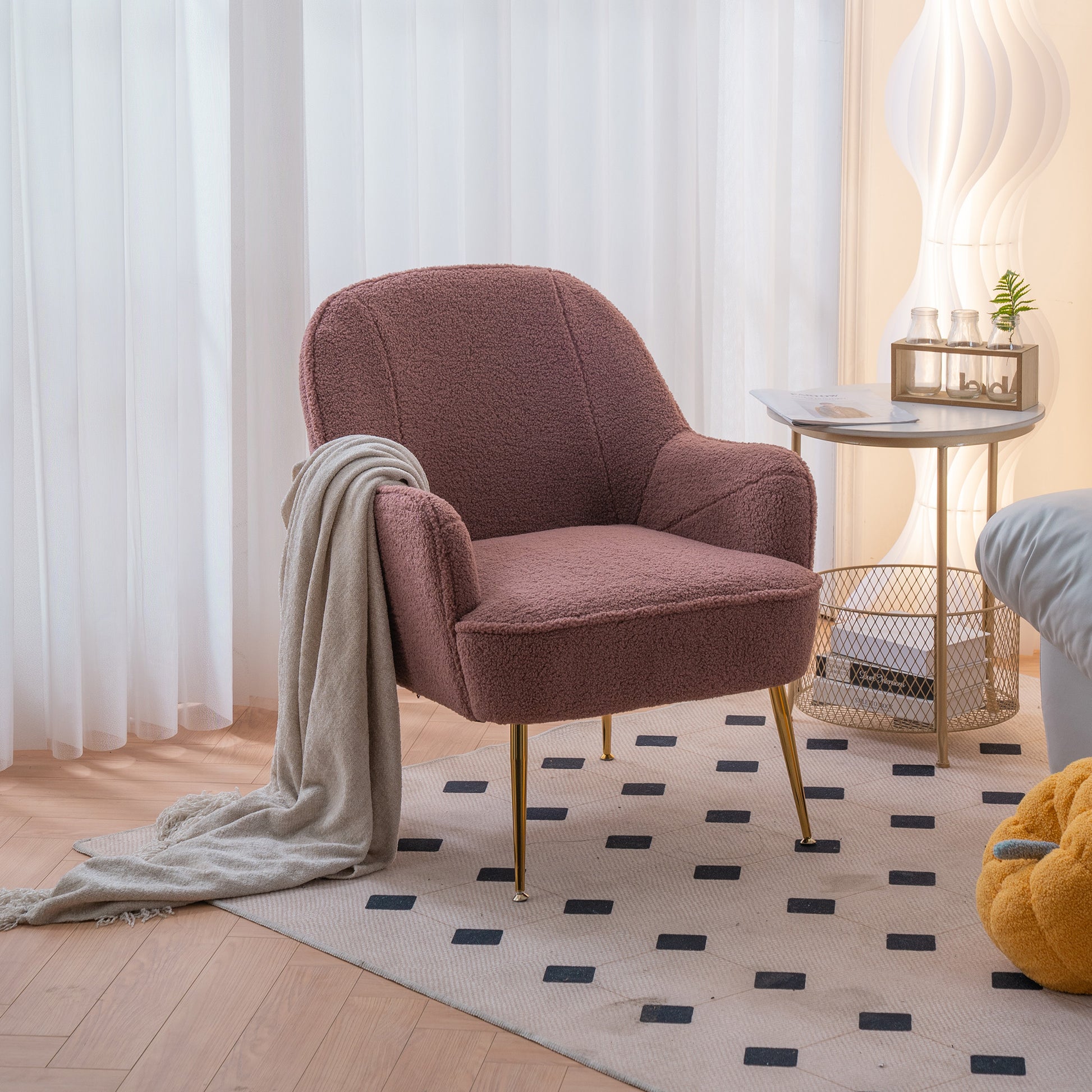 Modern Teddy Fabric Shell Chair Accent Armchair with Golden Legs- Red_1