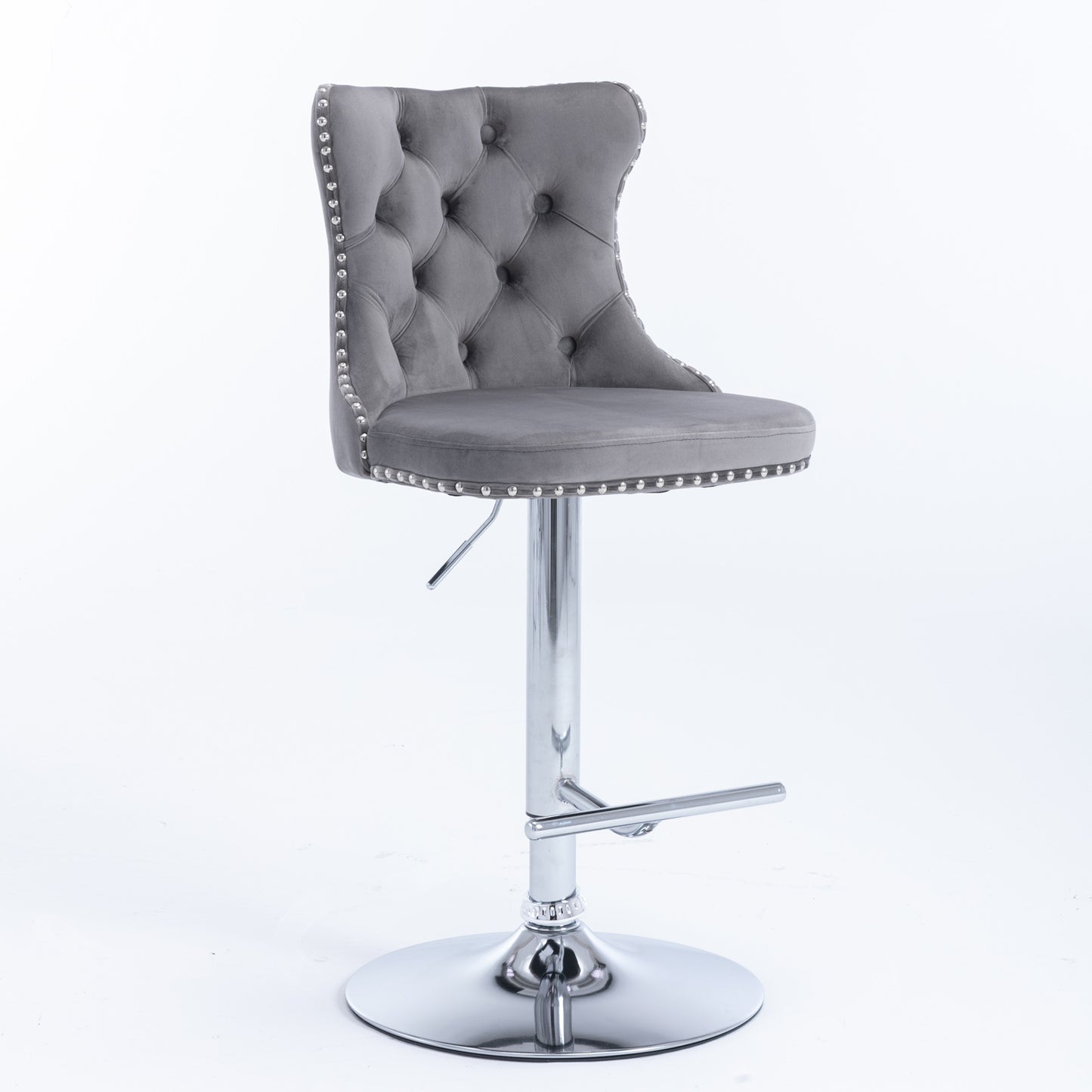 Set of 2 Modern Upholstered Tufted Velvet Armless Bar Stools with Chrome Details- Gray_3