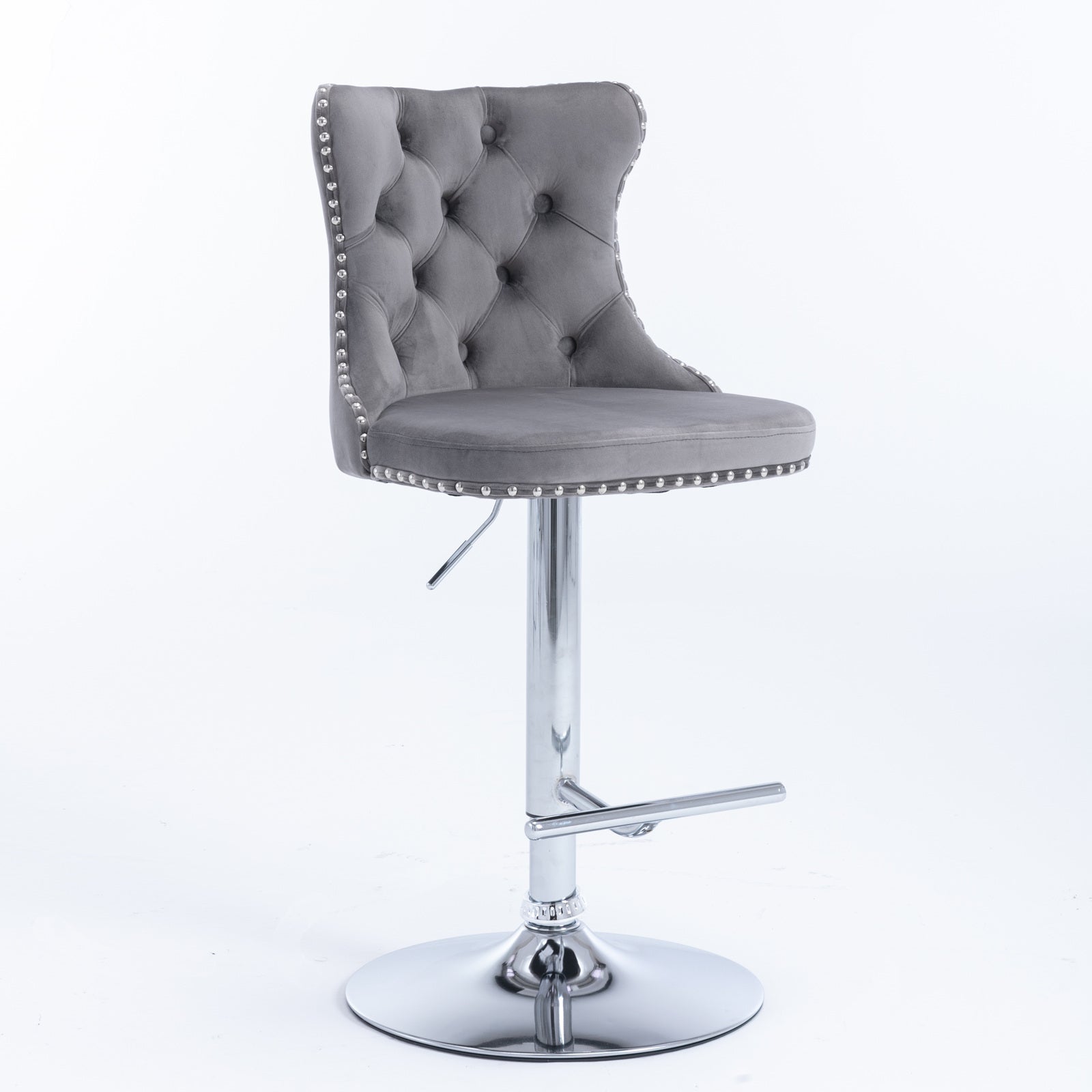 Set of 2 Modern Upholstered Tufted Velvet Armless Bar Stools with Chrome Details- Gray_3
