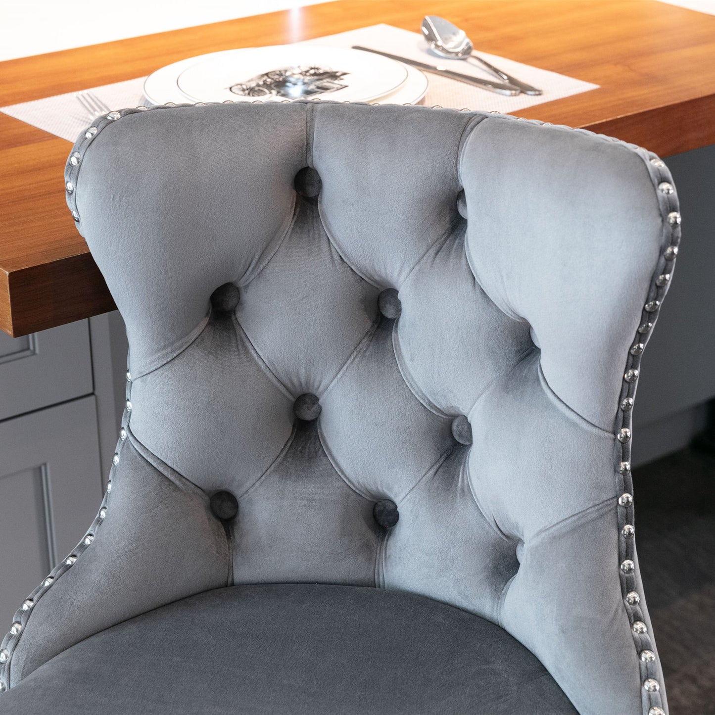 Set of 2 Modern Upholstered Tufted Velvet Armless Bar Stools with Chrome Details- Gray_8
