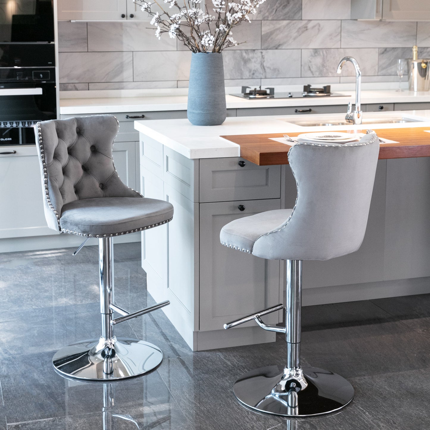 Set of 2 Modern Upholstered Tufted Velvet Armless Bar Stools with Chrome Details- Gray_12