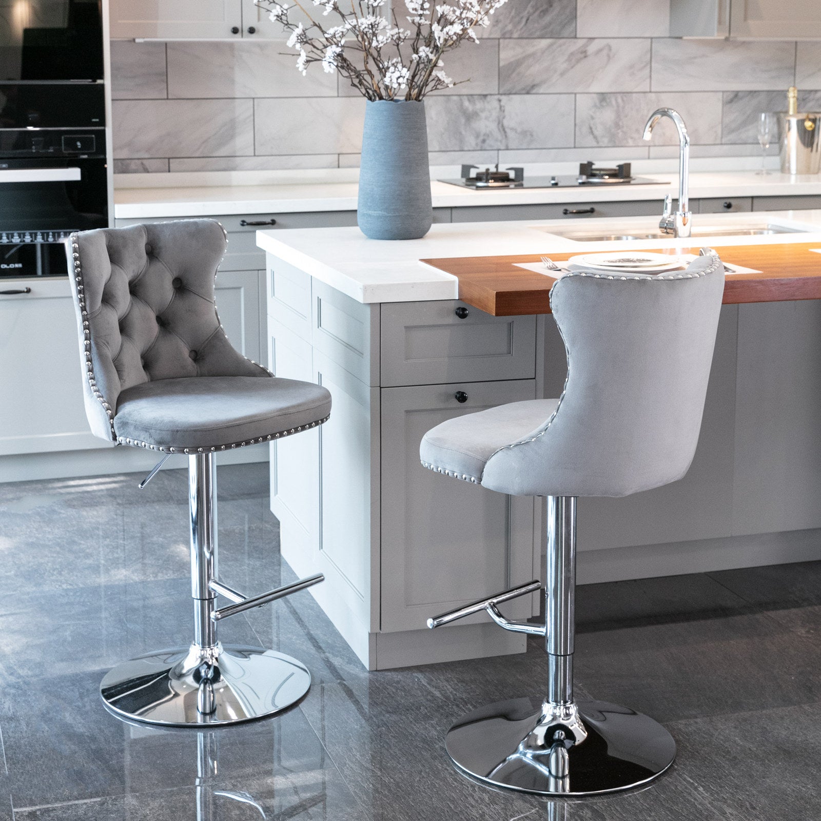 Set of 2 Modern Upholstered Tufted Velvet Armless Bar Stools with Chrome Details- Gray_12