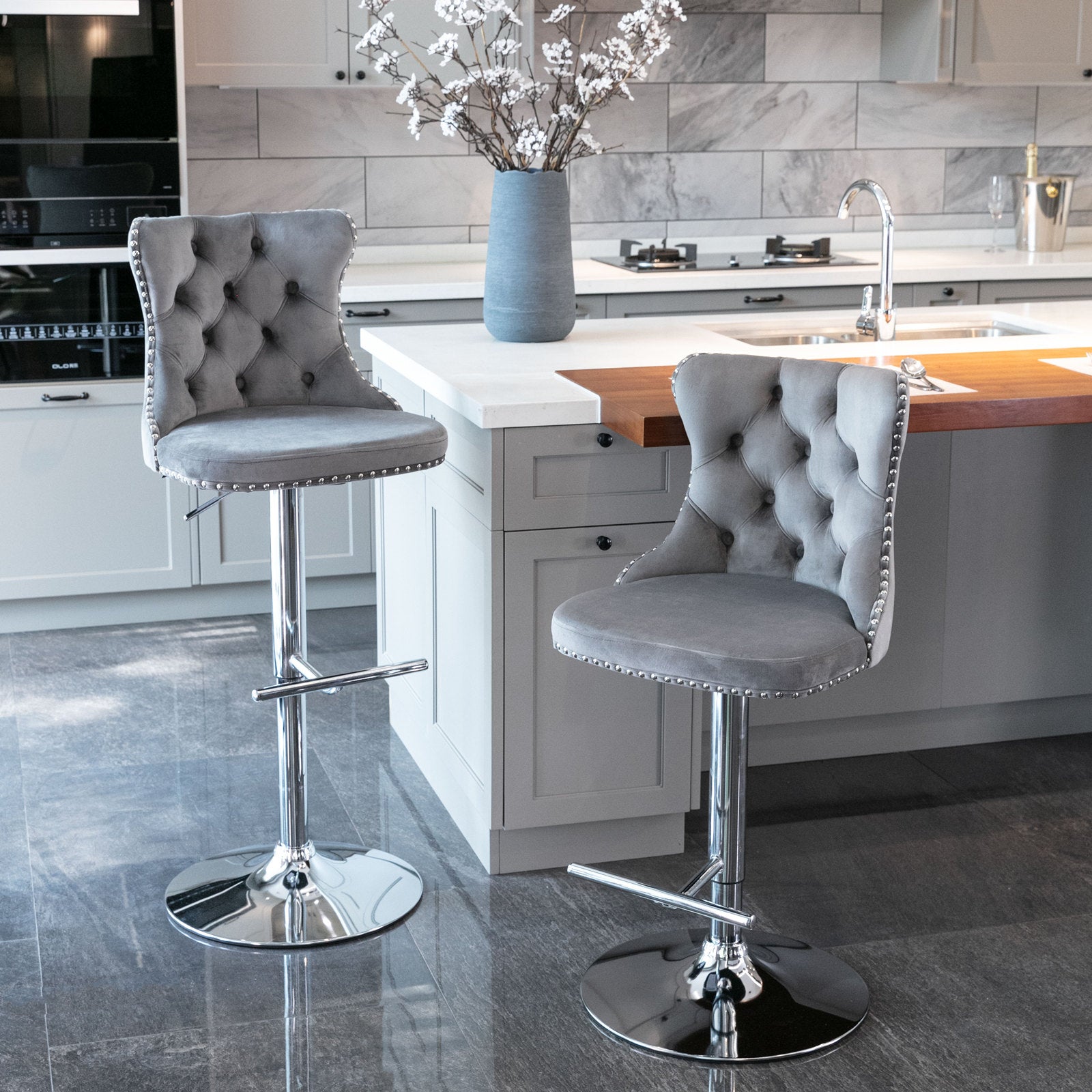 Set of 2 Modern Upholstered Tufted Velvet Armless Bar Stools with Chrome Details- Gray_11
