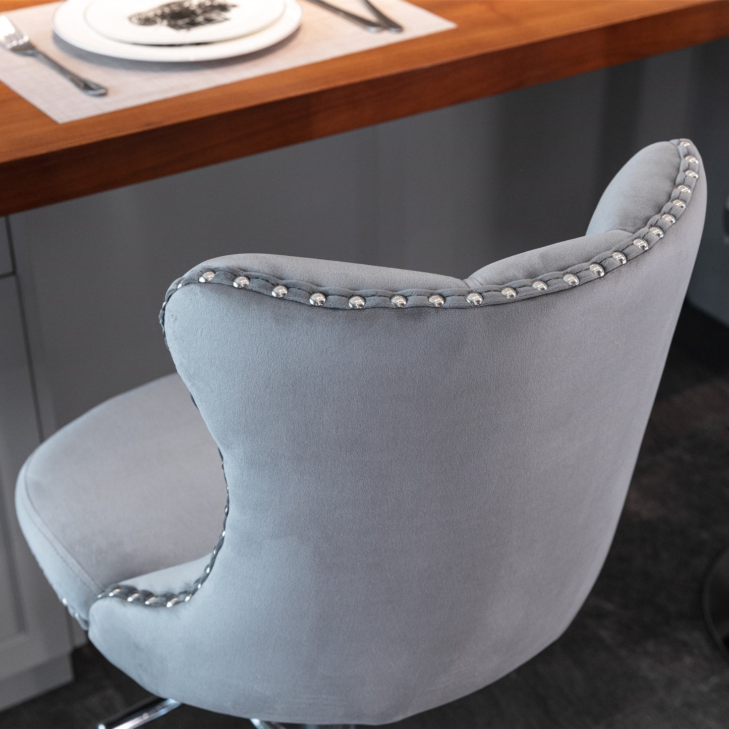 Set of 2 Modern Upholstered Tufted Velvet Armless Bar Stools with Chrome Details- Gray_7