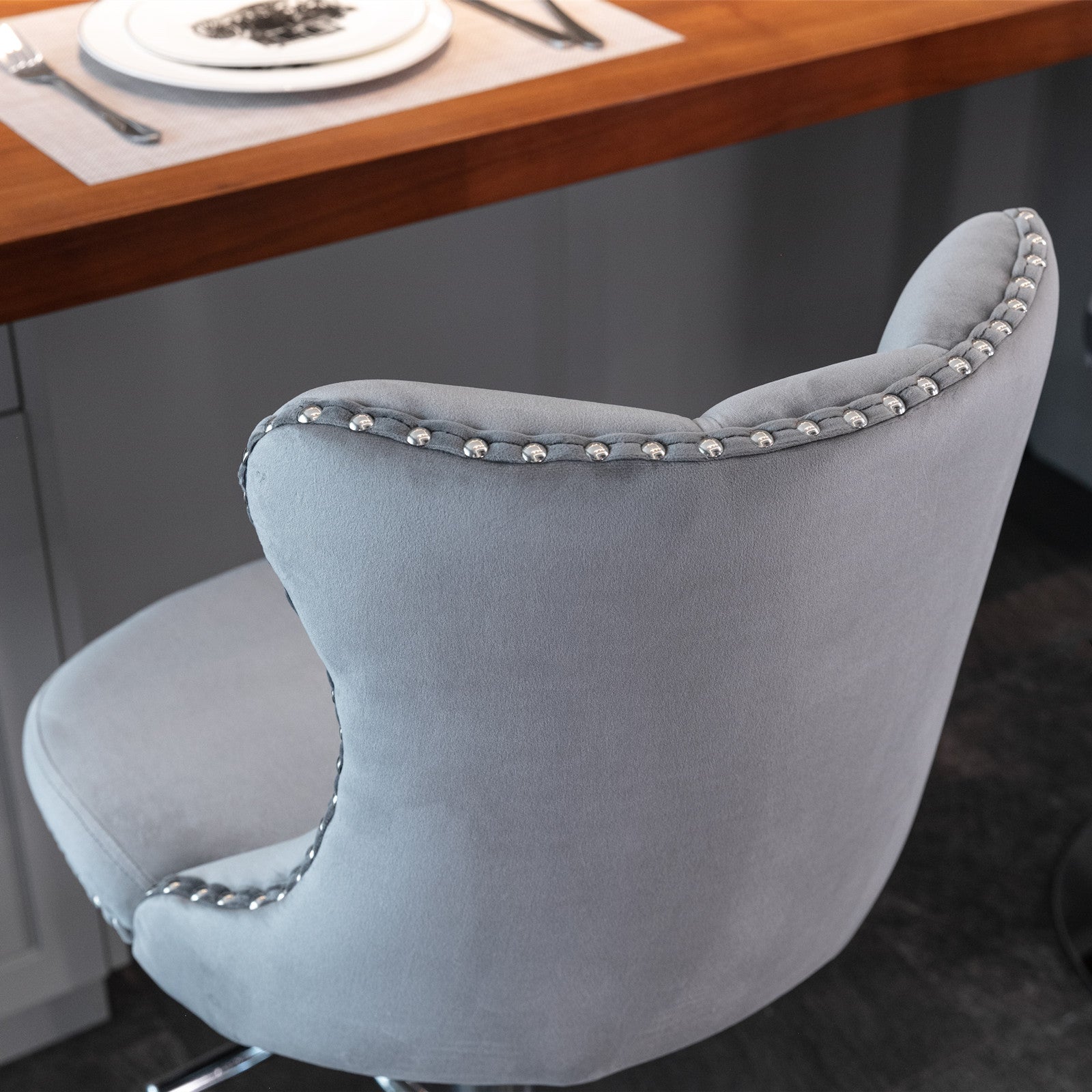 Set of 2 Modern Upholstered Tufted Velvet Armless Bar Stools with Chrome Details- Gray_7