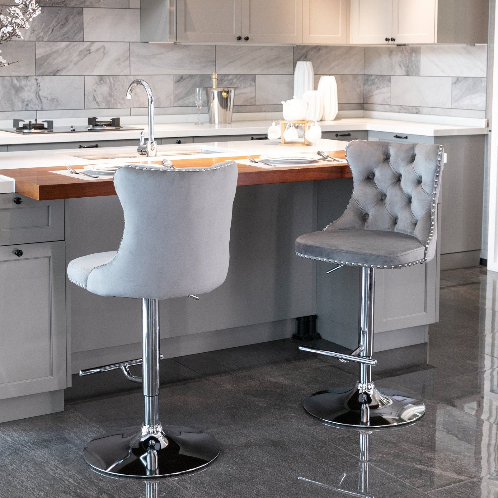 Set of 2 Modern Upholstered Tufted Velvet Armless Bar Stools with Chrome Details- Gray_14