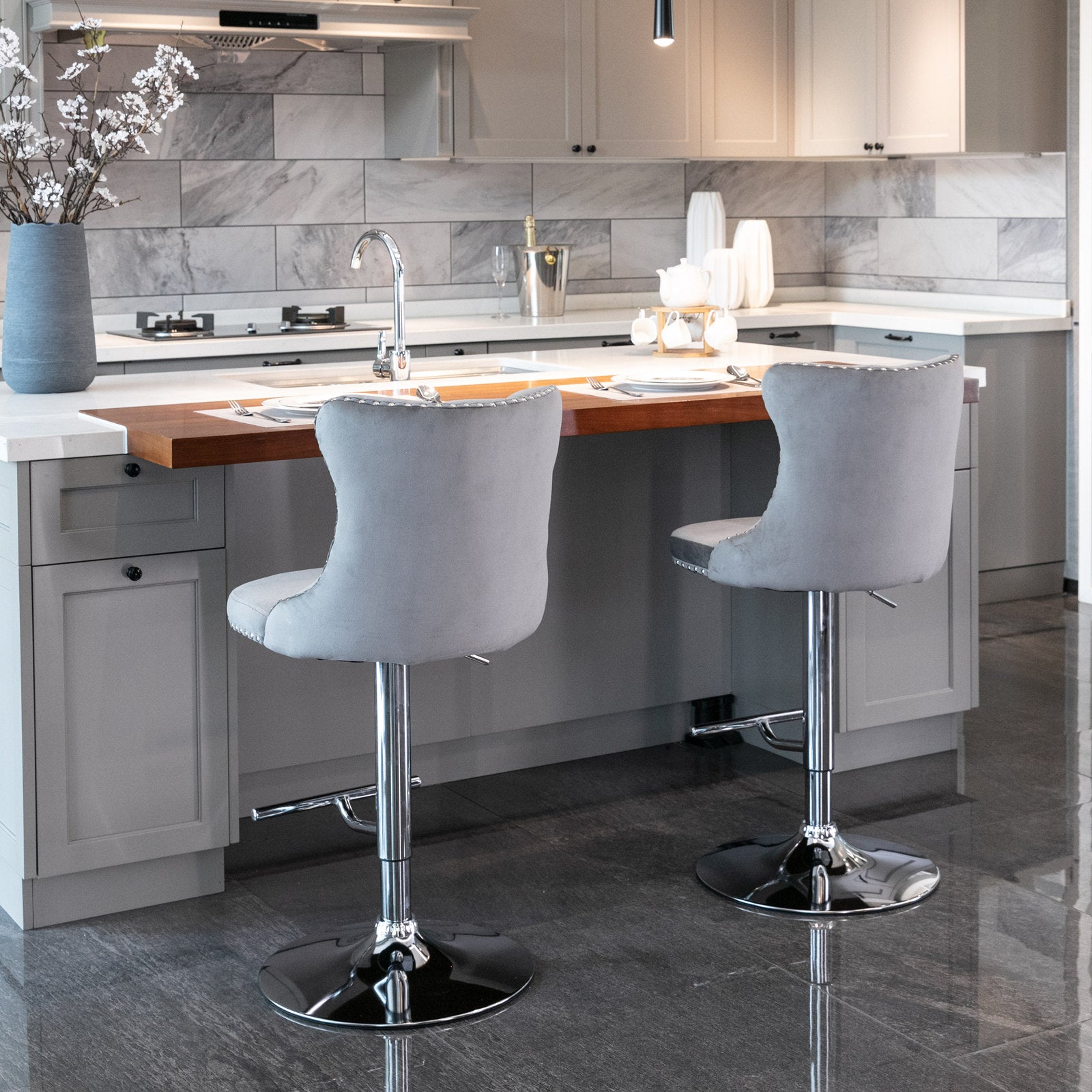 Set of 2 Modern Upholstered Tufted Velvet Armless Bar Stools with Chrome Details- Gray_13