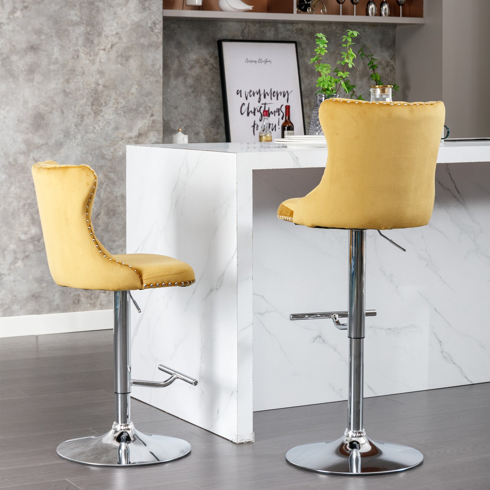 Set of 2 Modern Upholstered Tufted Velvet Armless Bar Stools with Chrome Details- Gold_15