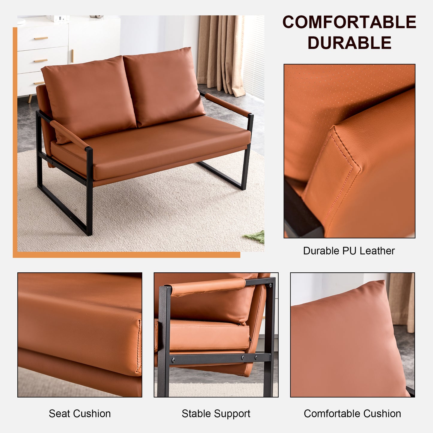 2 Seater Modern Designed PU Leather Sofa Set with Black Metal Frame- Brown_10