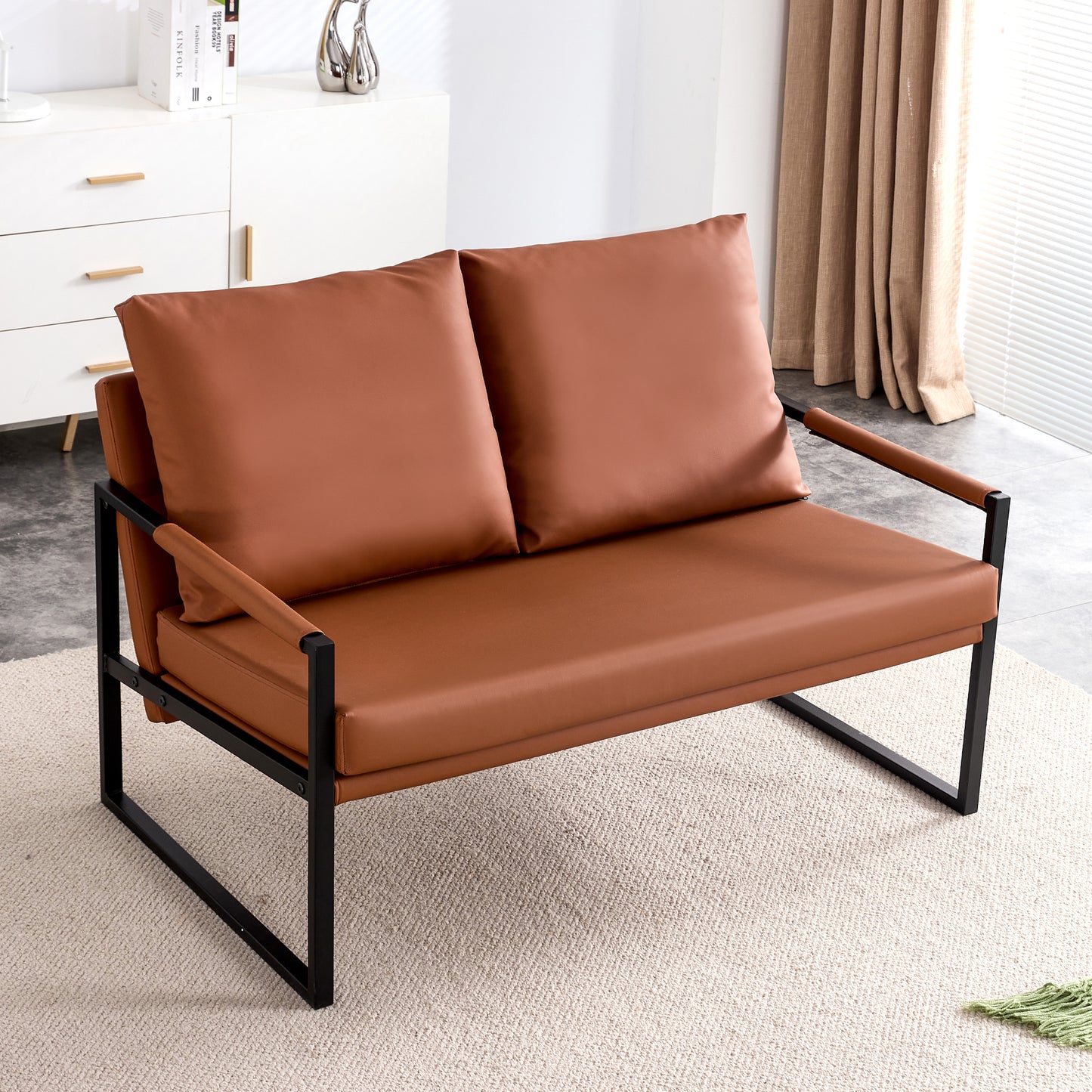 2 Seater Modern Designed PU Leather Sofa Set with Black Metal Frame- Brown_1