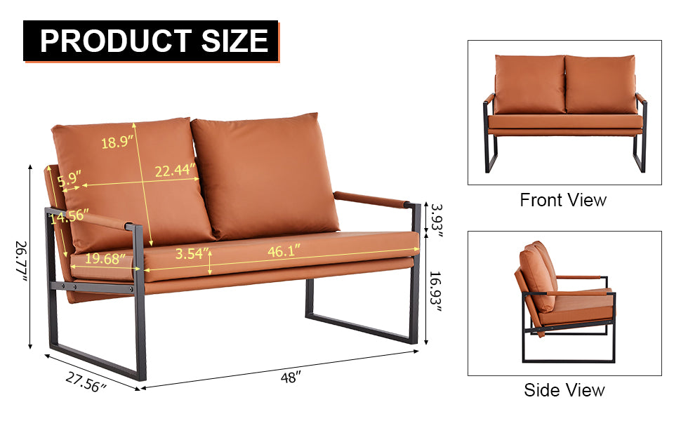 2 Seater Modern Designed PU Leather Sofa Set with Black Metal Frame- Brown_8