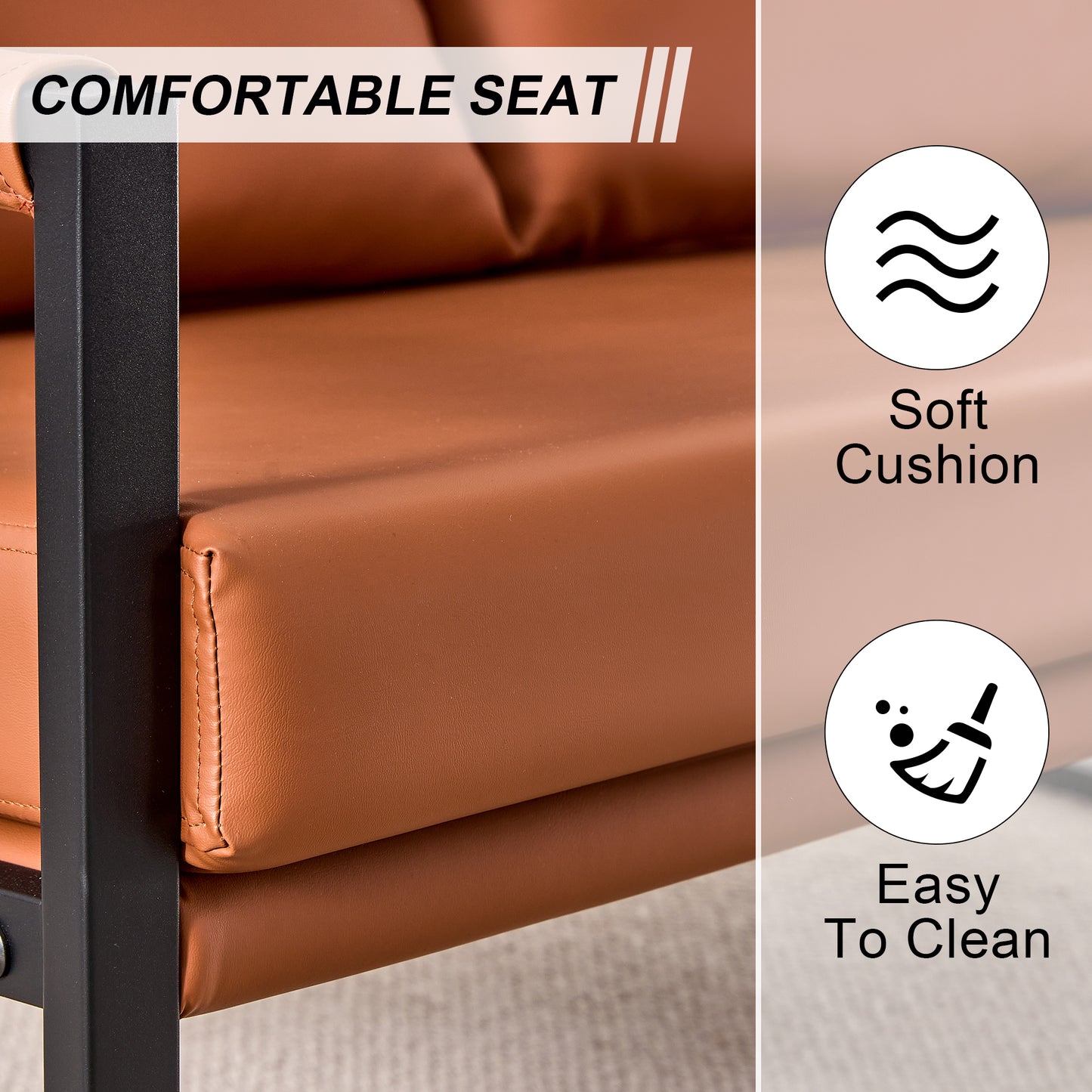 2 Seater Modern Designed PU Leather Sofa Set with Black Metal Frame- Brown_9