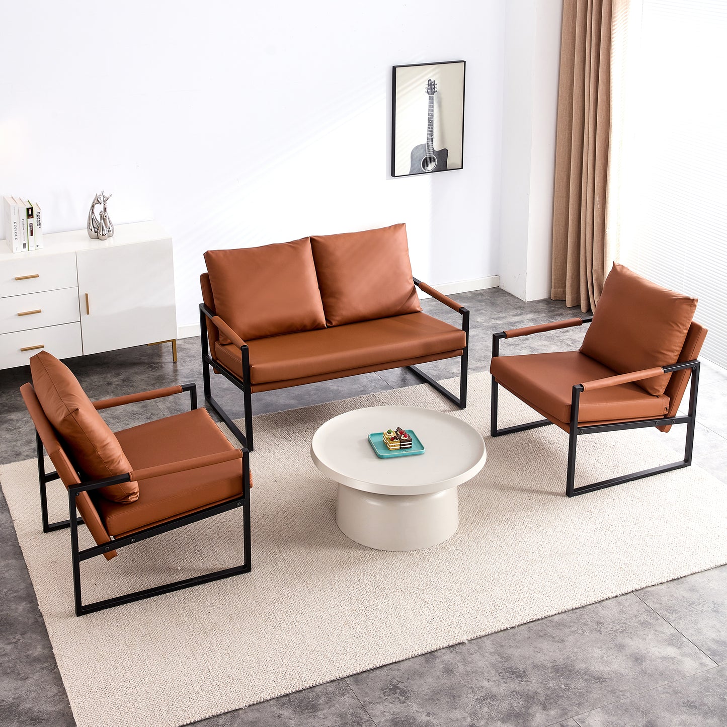 2 Seater Modern Designed PU Leather Sofa Set with Black Metal Frame- Brown_4