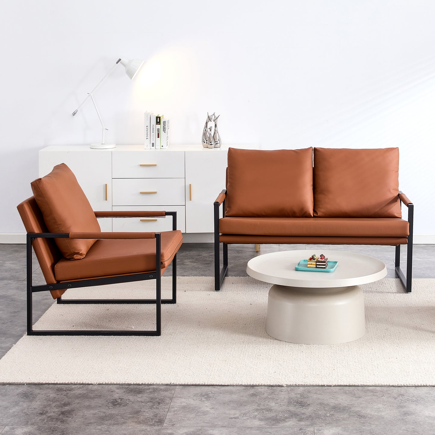 2 Seater Modern Designed PU Leather Sofa Set with Black Metal Frame- Brown_5