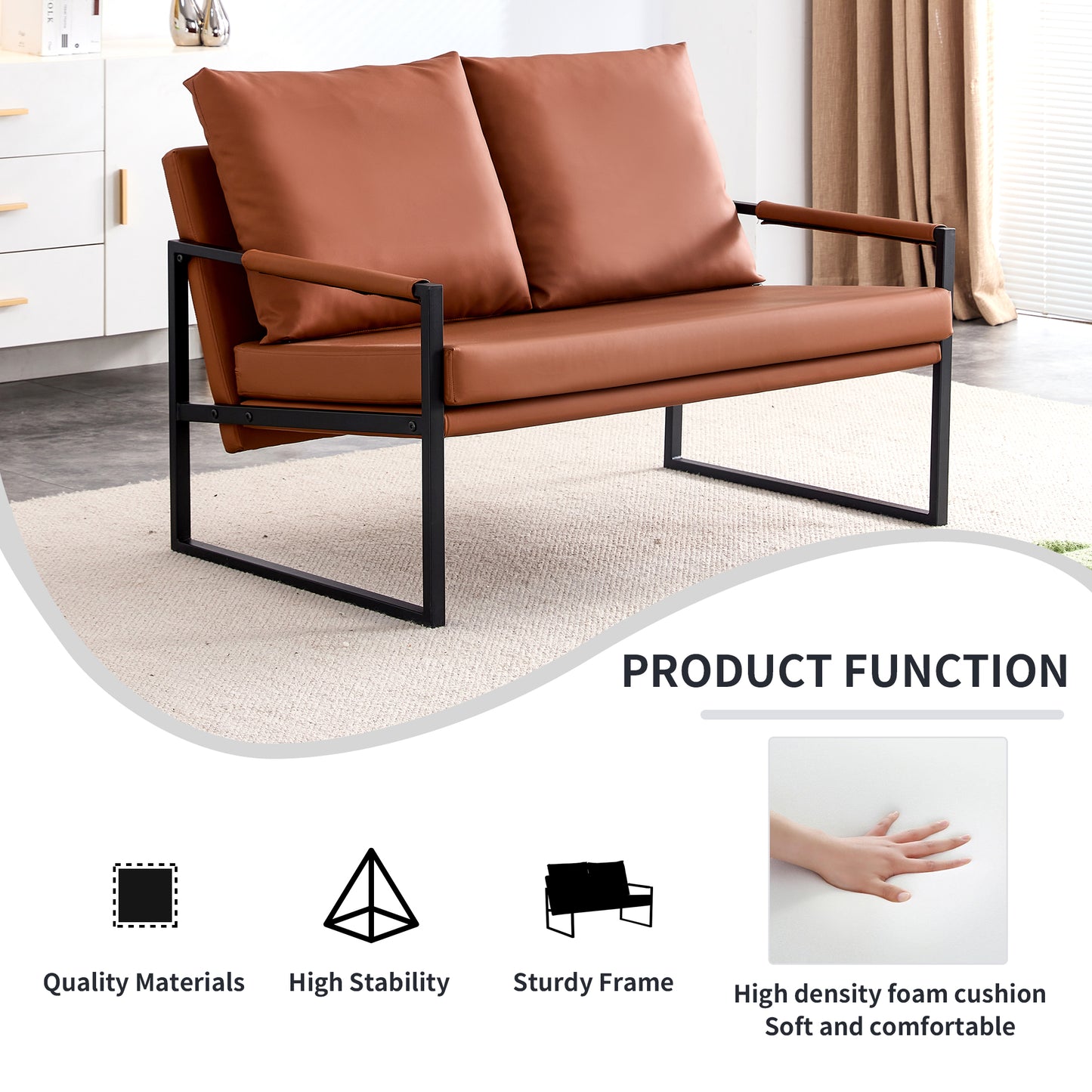 2 Seater Modern Designed PU Leather Sofa Set with Black Metal Frame- Brown_11