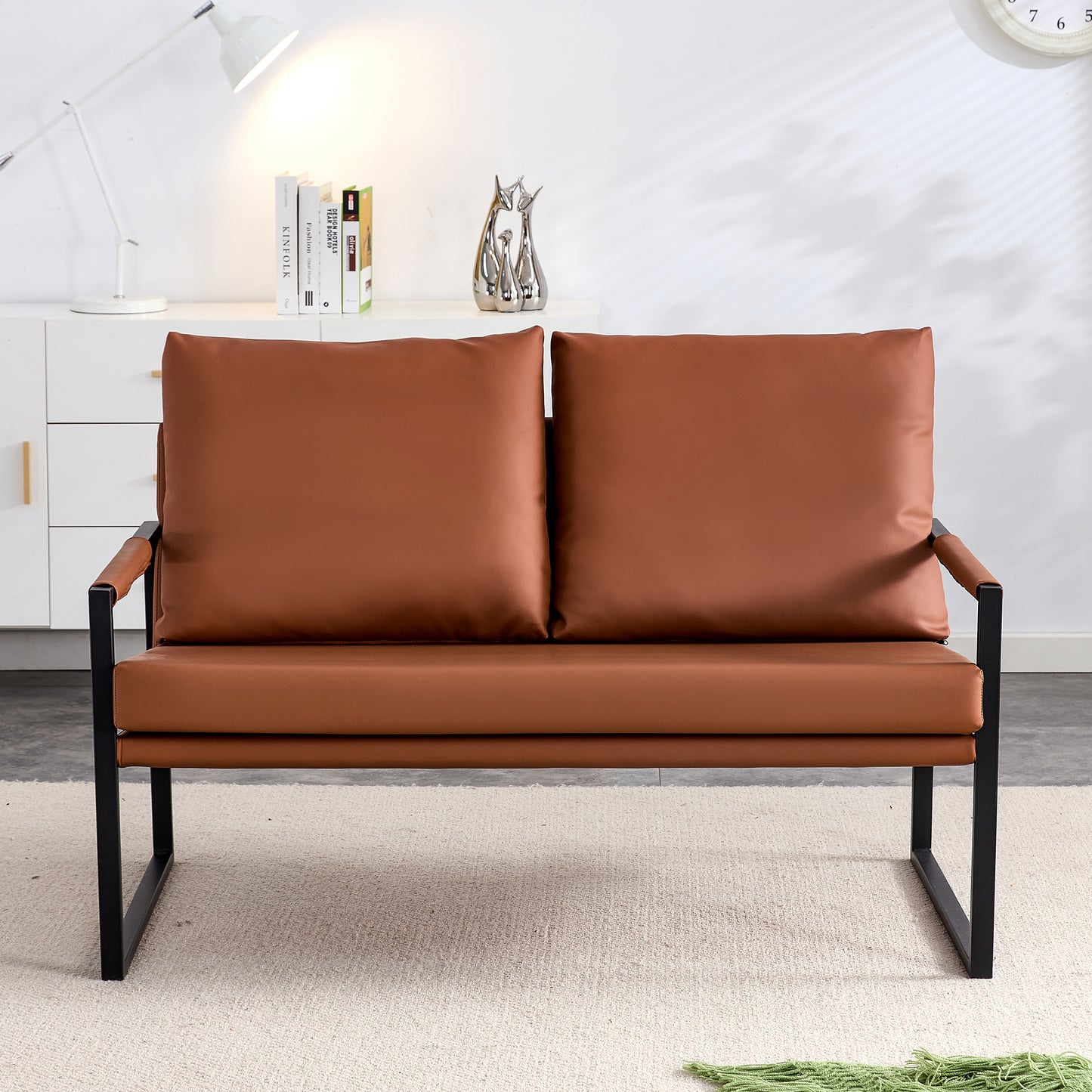 2 Seater Modern Designed PU Leather Sofa Set with Black Metal Frame- Brown_2