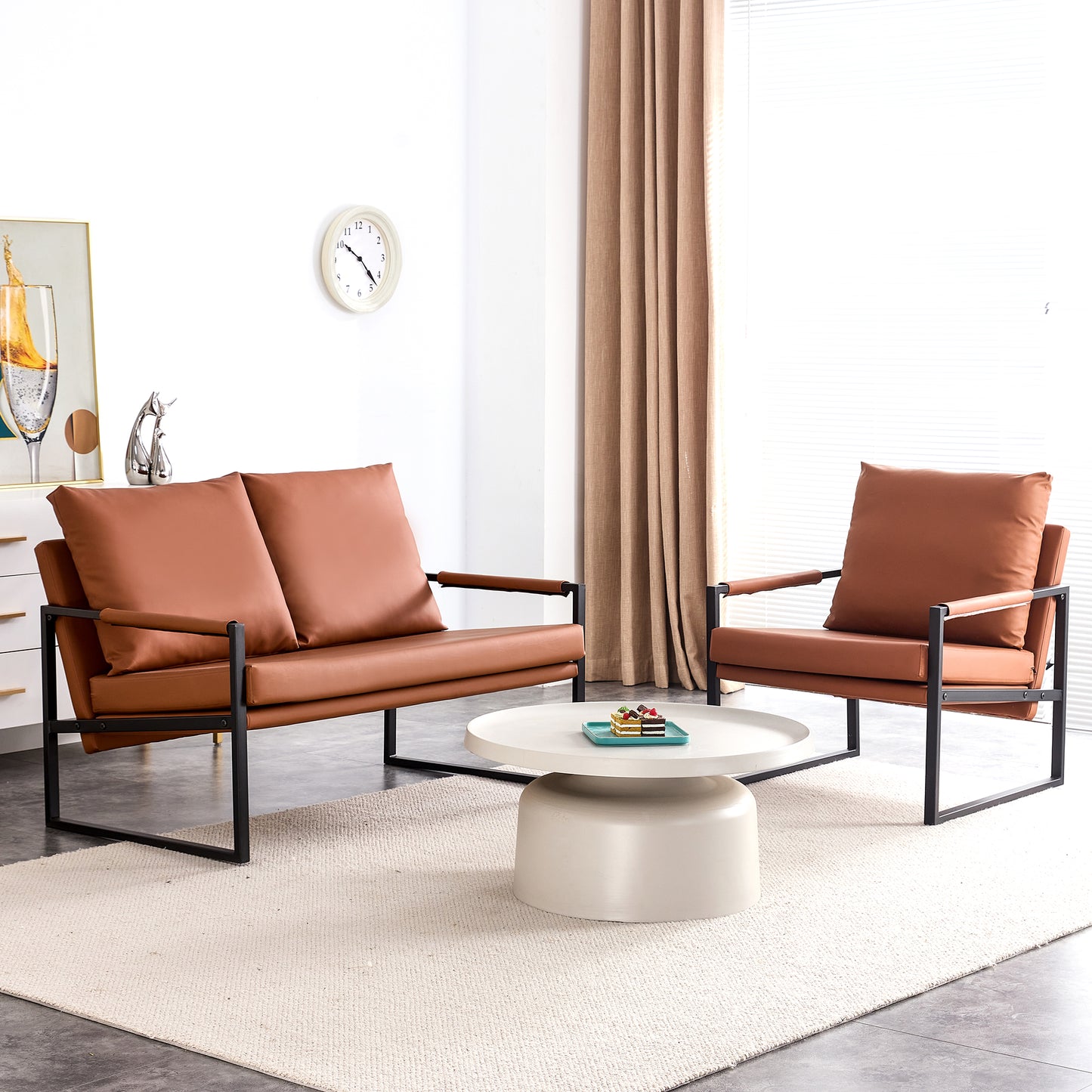 2 Seater Modern Designed PU Leather Sofa Set with Black Metal Frame- Brown_6